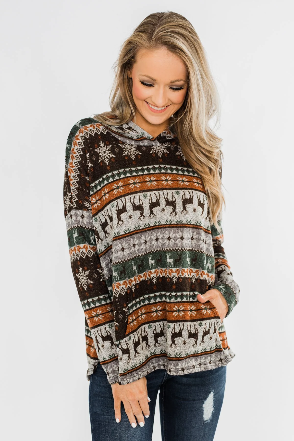 Feeling Festive Reindeer Print Hoodie- Grey, Olive, & Rust - Image 2
