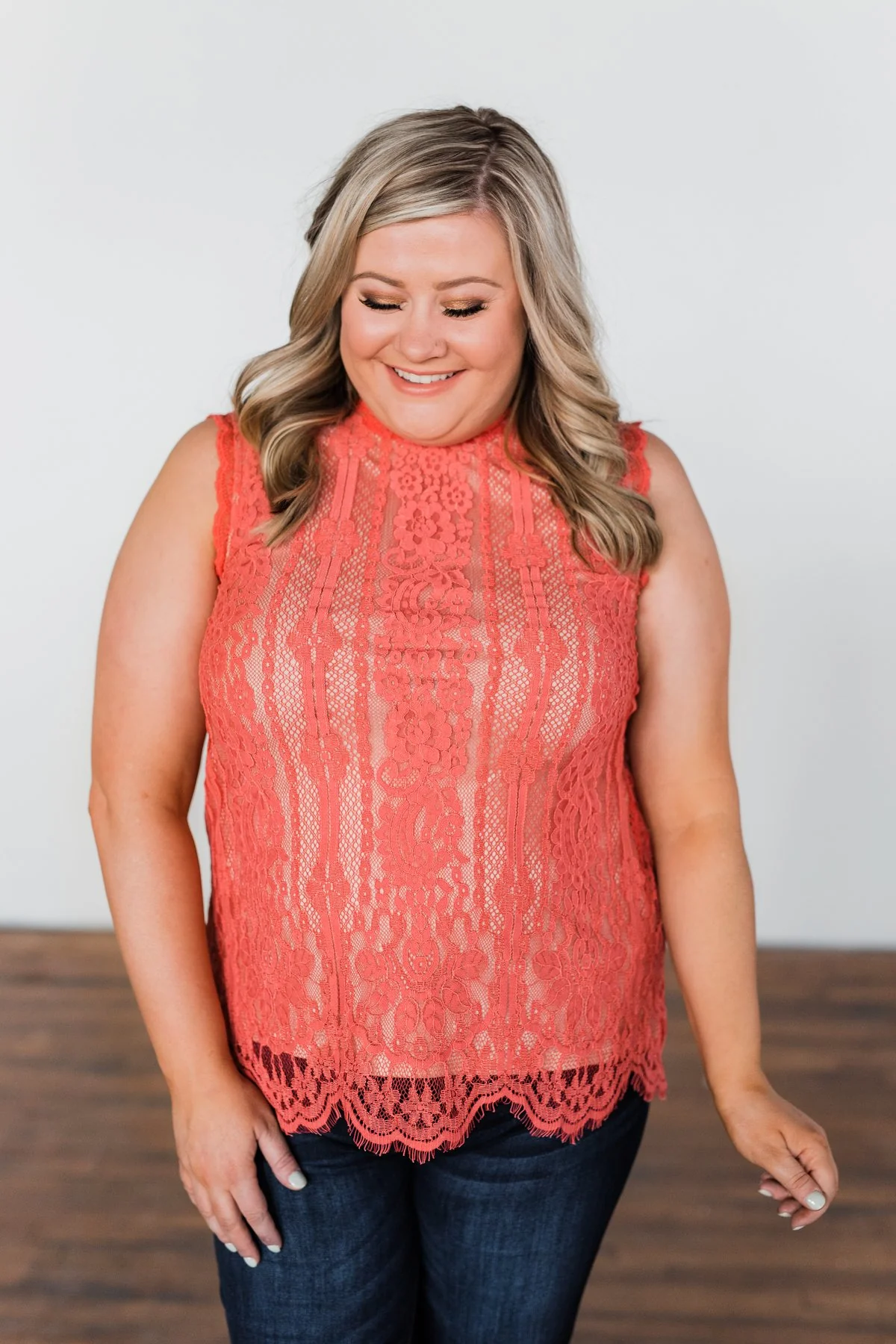 Feeling Flirty Lace Tank Top- Deep Coral - Image 6