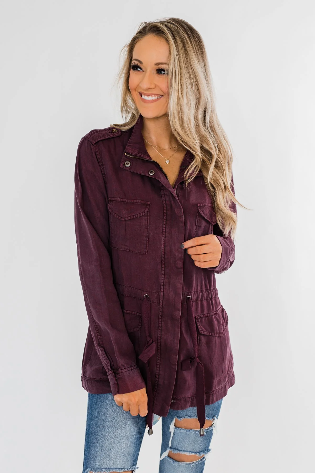 Feeling Free Drawstring Jacket- Eggplant - Image 2