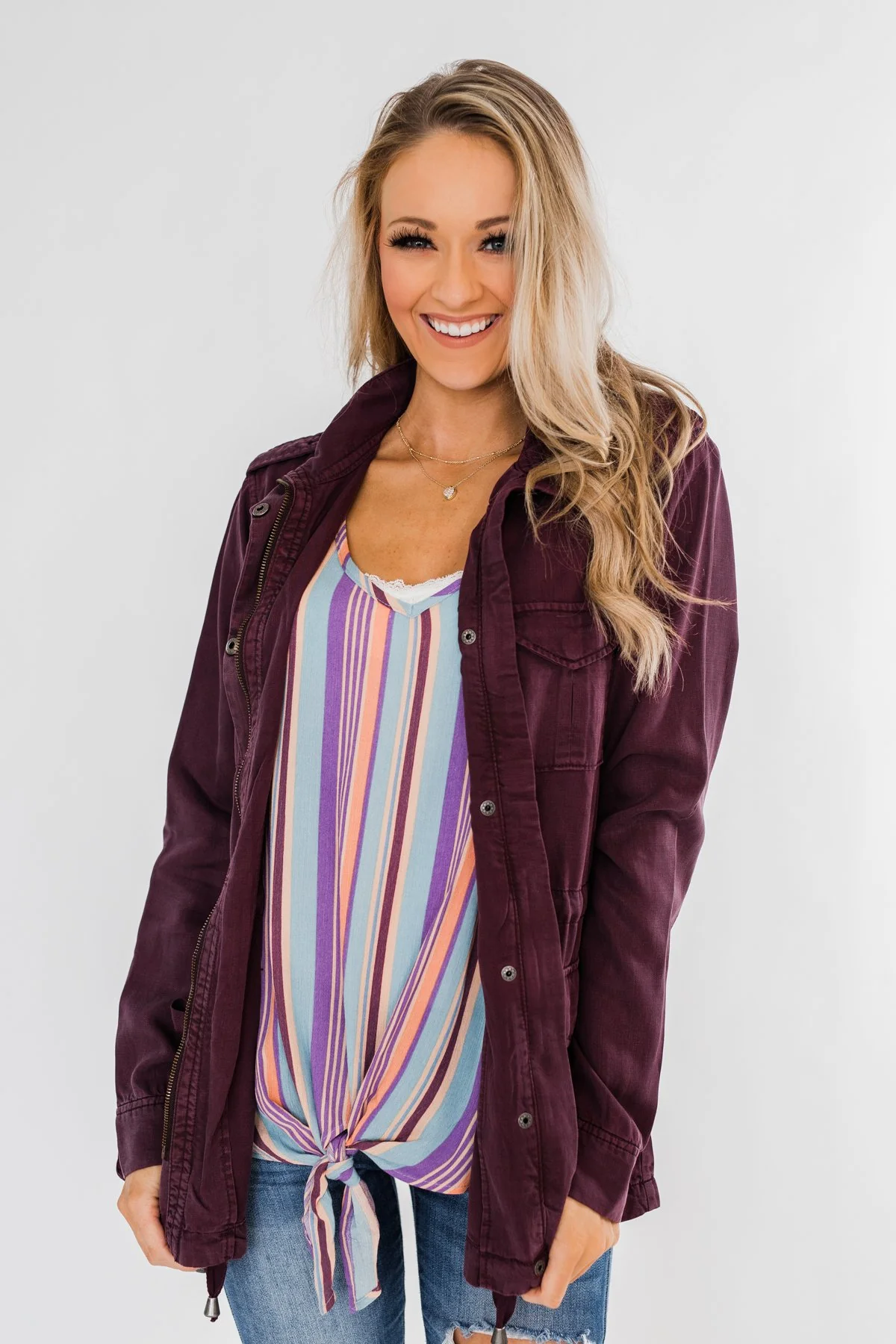 Feeling Free Drawstring Jacket- Eggplant - Image 3