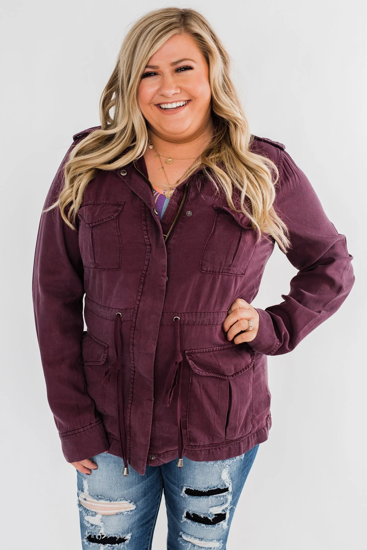 Feeling Free Drawstring Jacket- Eggplant - Image 4