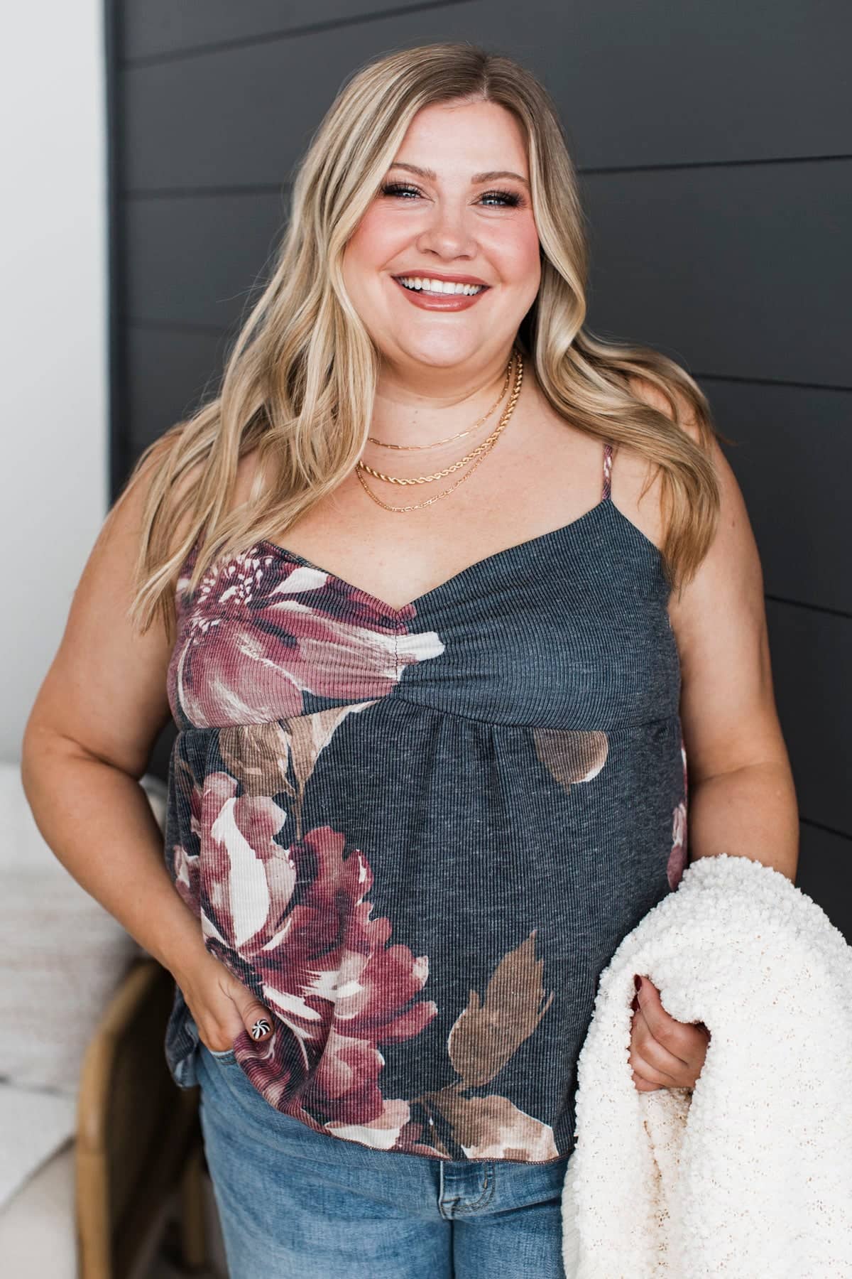 Feeling Friendly Ribbed Floral Tank Top- Charcoal