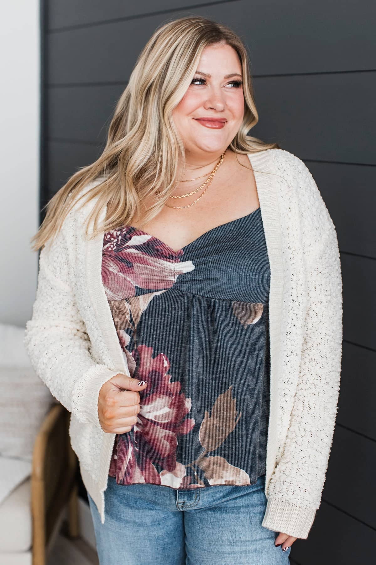Feeling Friendly Ribbed Floral Tank Top- Charcoal - Image 3