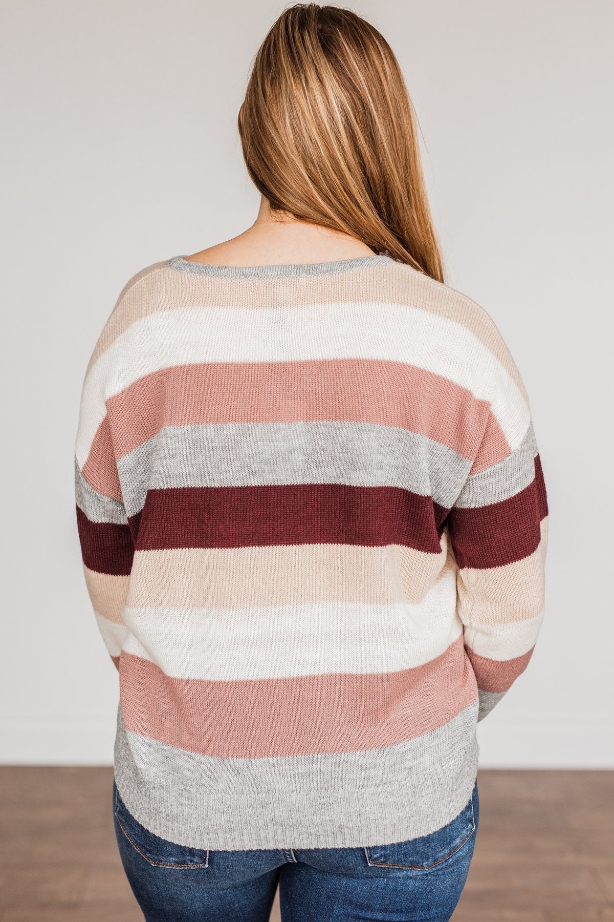 Feeling Frosty Striped Sweater- Grey, Cream & Mauve - Image 13