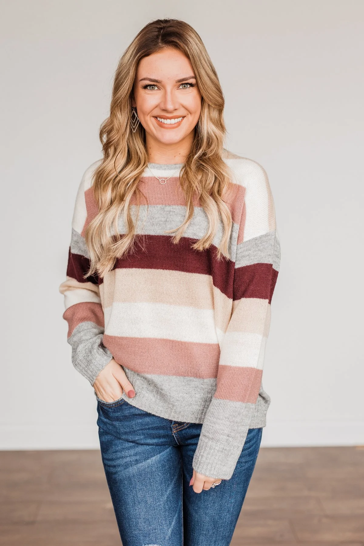 Feeling Frosty Striped Sweater- Grey, Cream & Mauve - Image 2