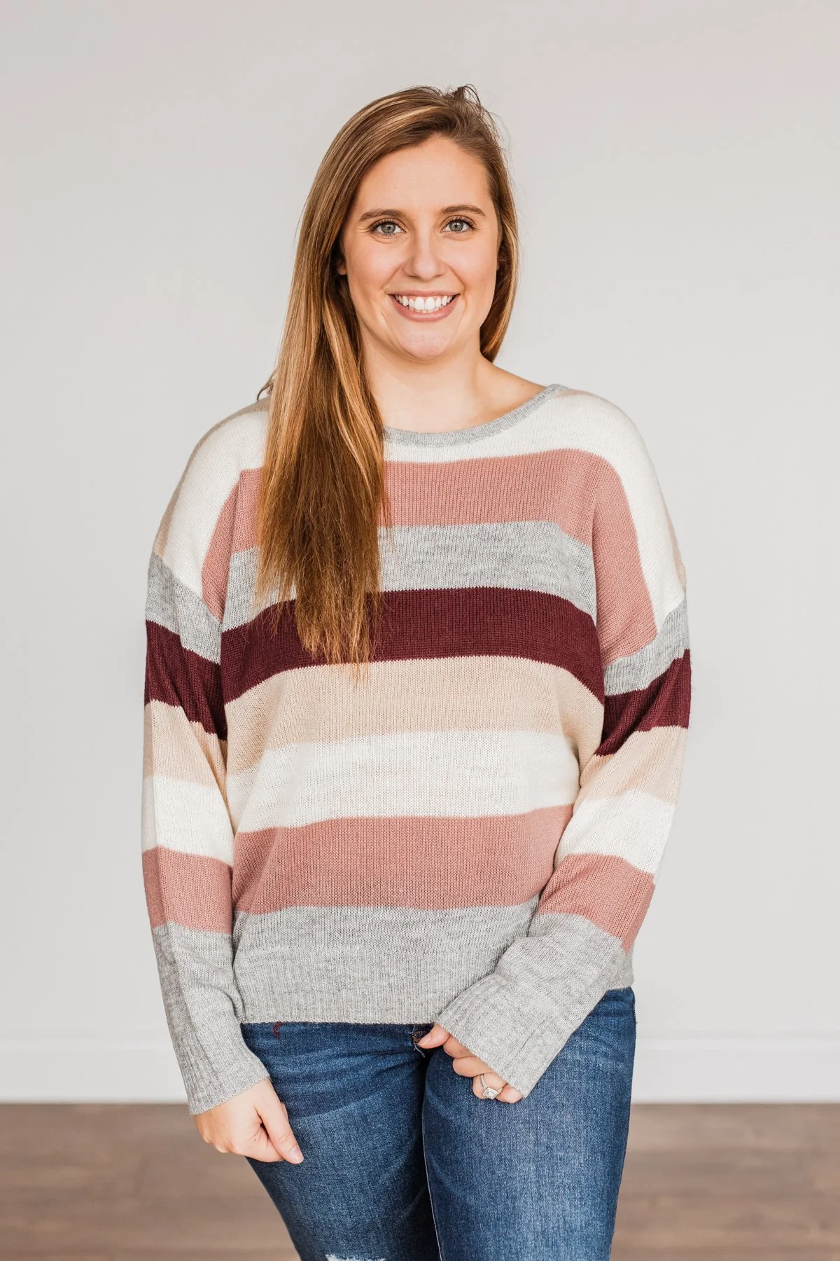 Feeling Frosty Striped Sweater- Grey, Cream & Mauve - Image 3