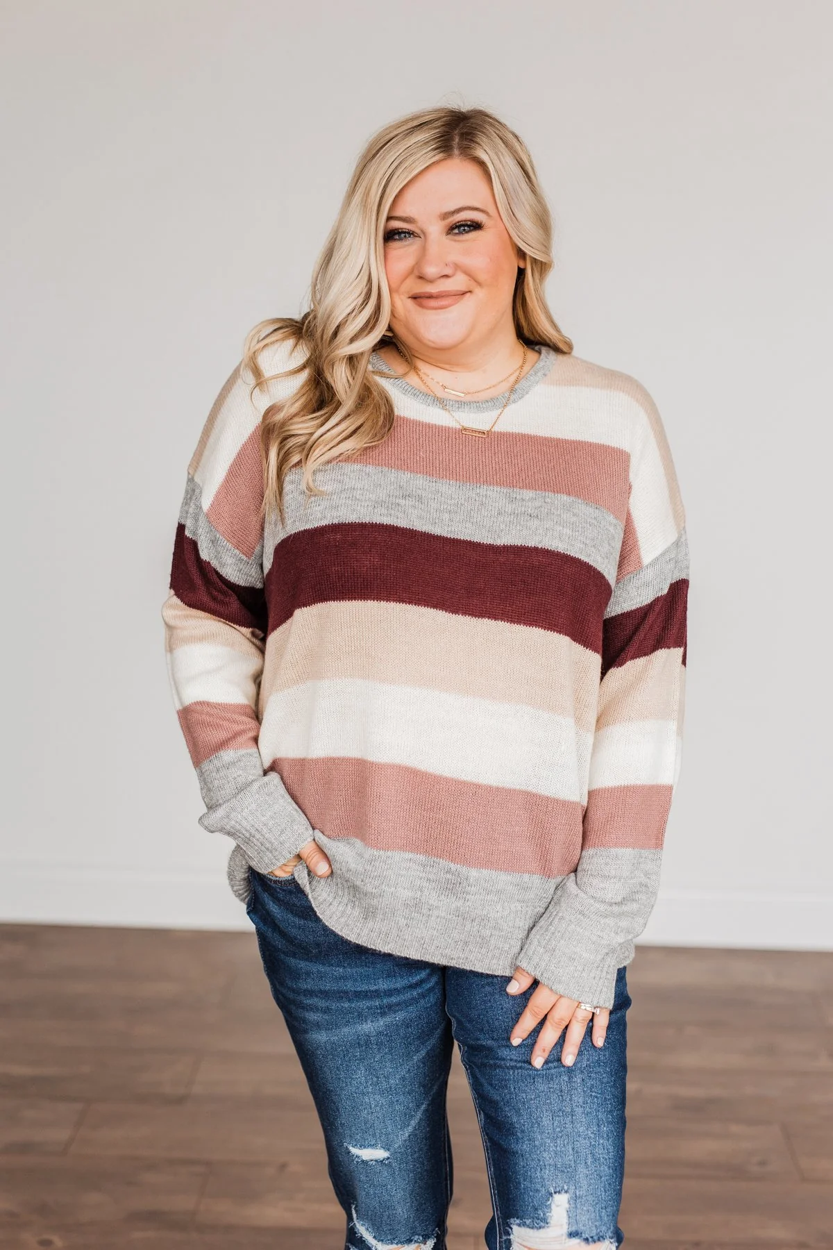 Feeling Frosty Striped Sweater- Grey, Cream & Mauve - Image 4