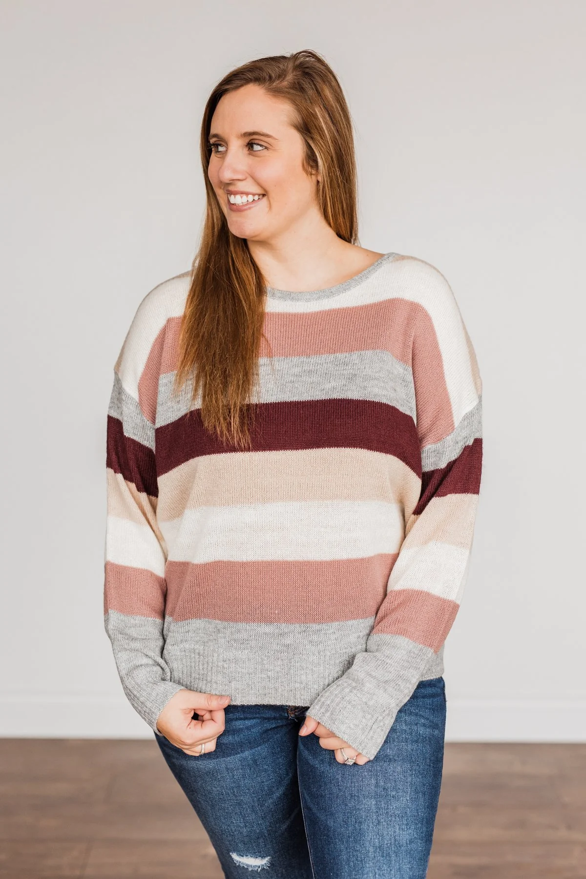 Feeling Frosty Striped Sweater- Grey, Cream & Mauve - Image 6