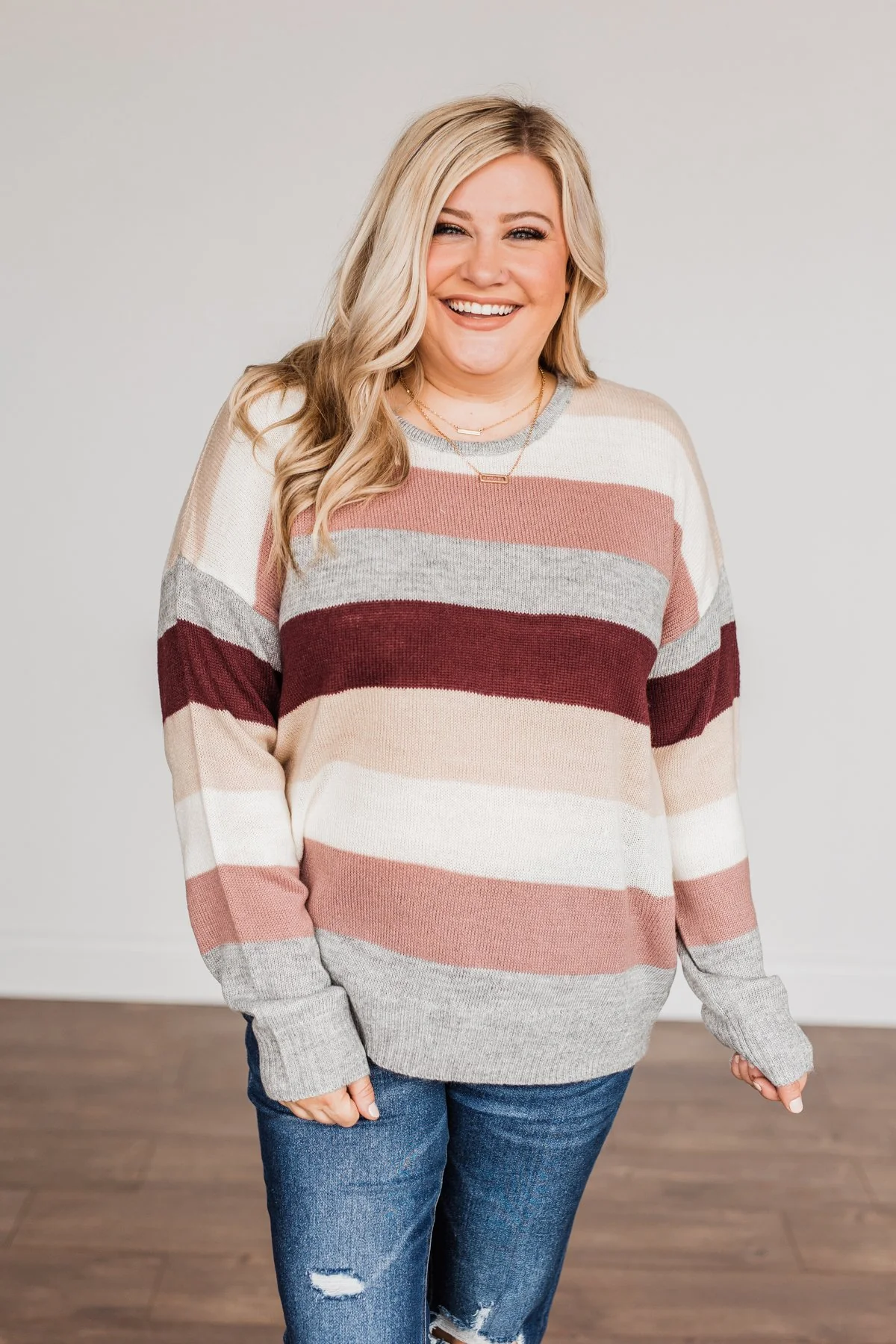Feeling Frosty Striped Sweater- Grey, Cream & Mauve - Image 7