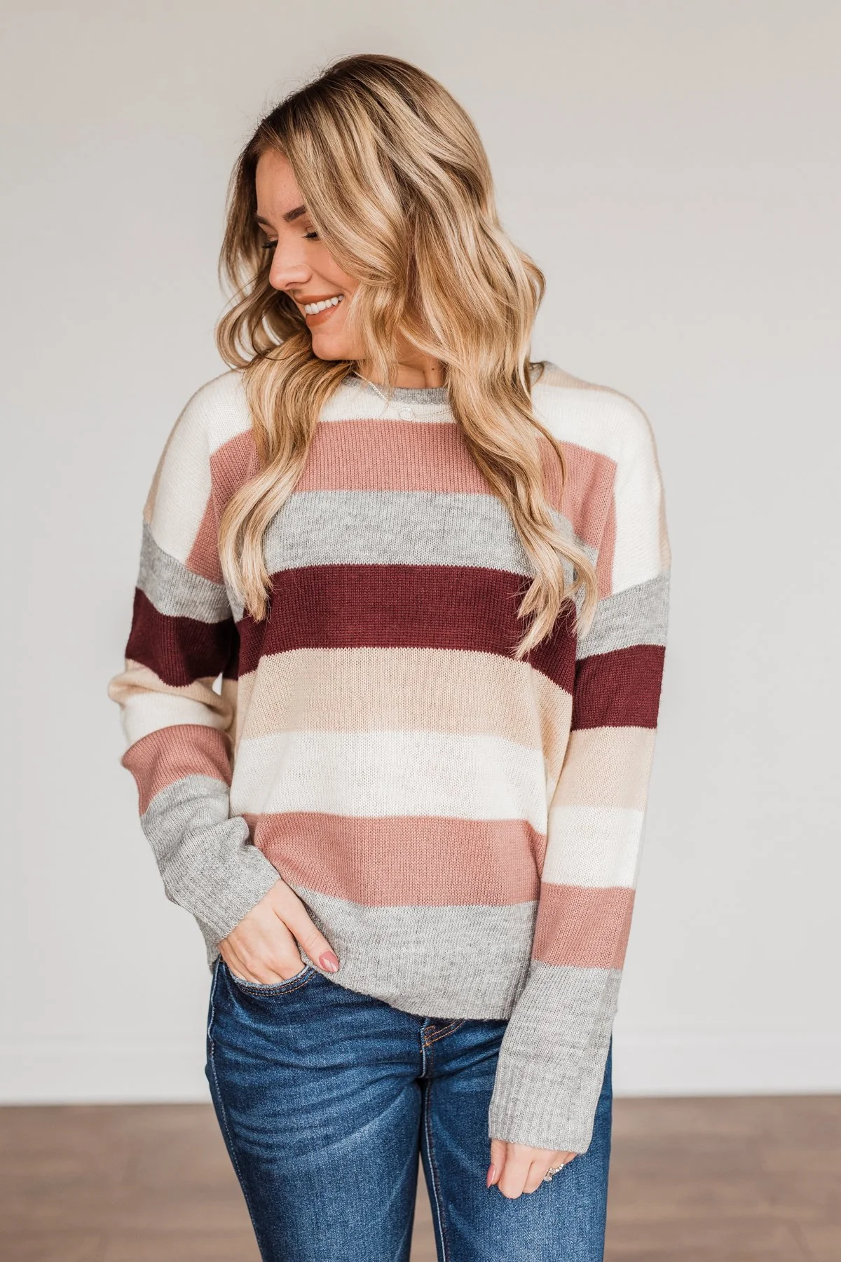 Feeling Frosty Striped Sweater- Grey, Cream & Mauve - Image 8