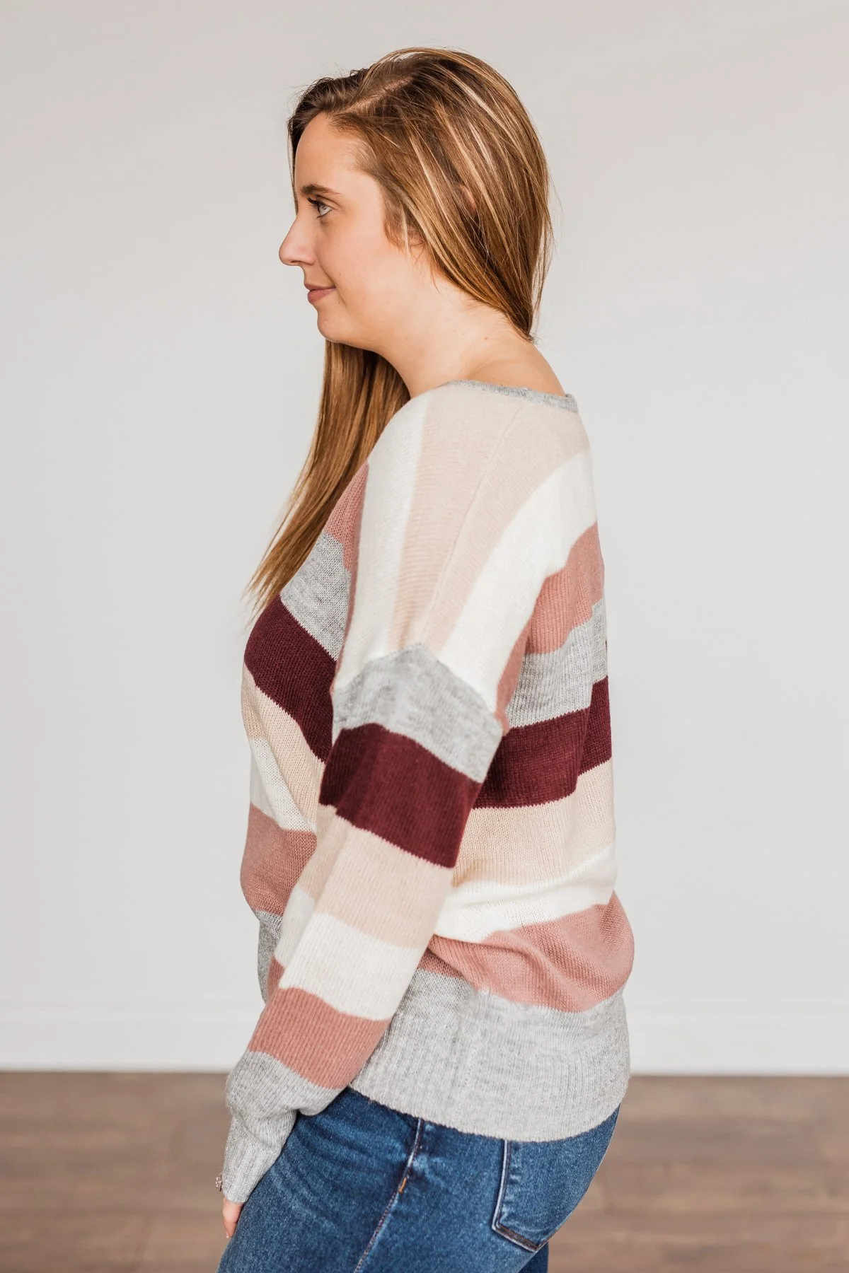 Feeling Frosty Striped Sweater- Grey, Cream & Mauve - Image 9