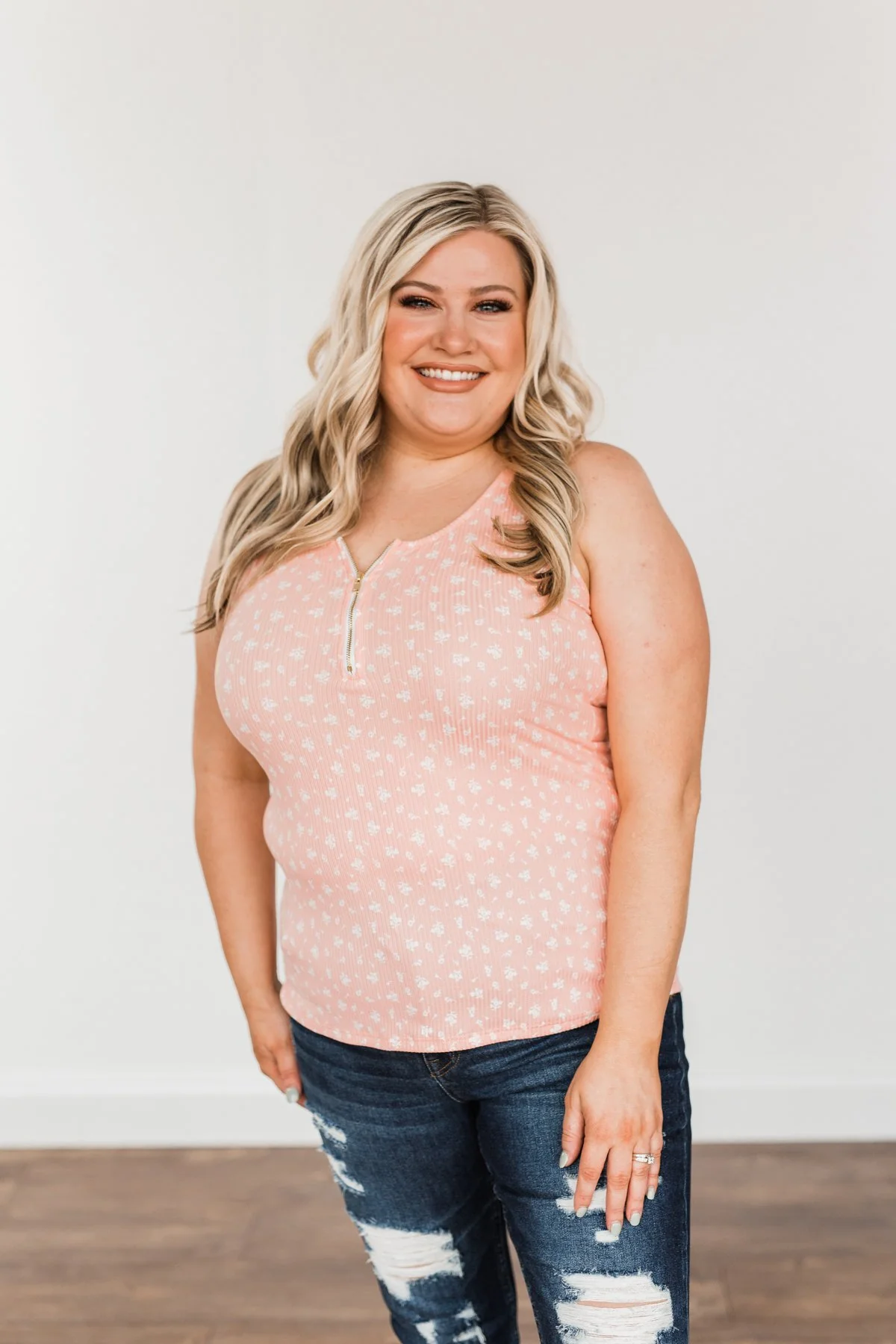 Feeling Fun Floral Zipper Henley Tank Top- Peach - Image 5