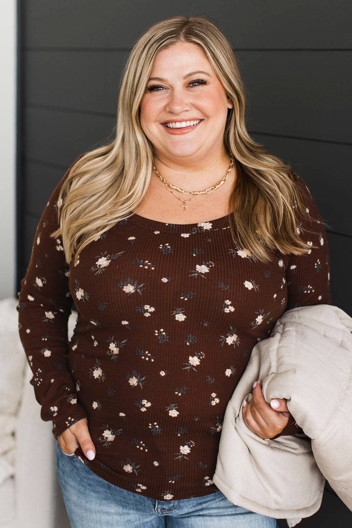 Feeling Hopeful Long Sleeve Floral Top- Chocolate