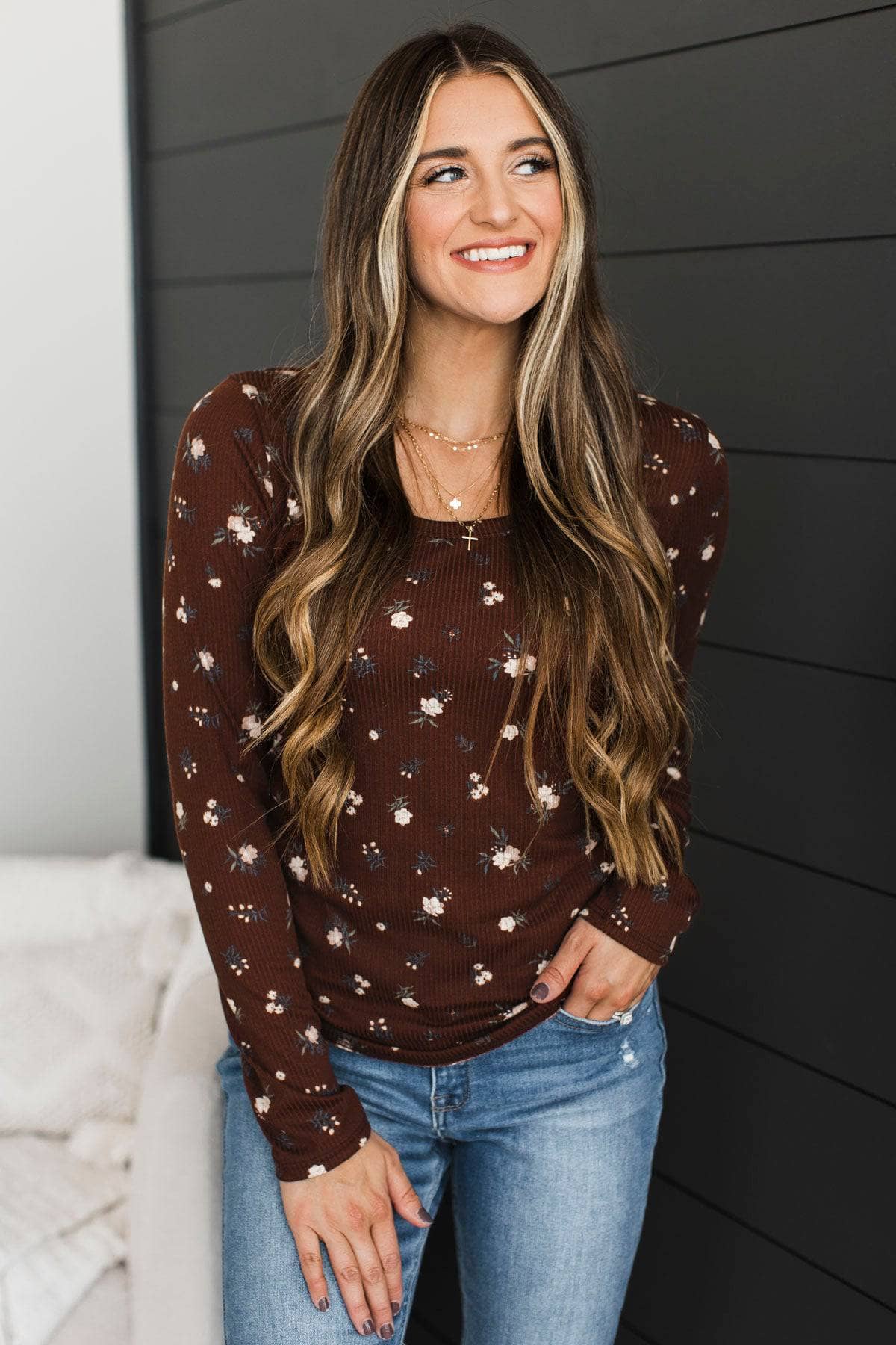 Feeling Hopeful Long Sleeve Floral Top- Chocolate - Image 2