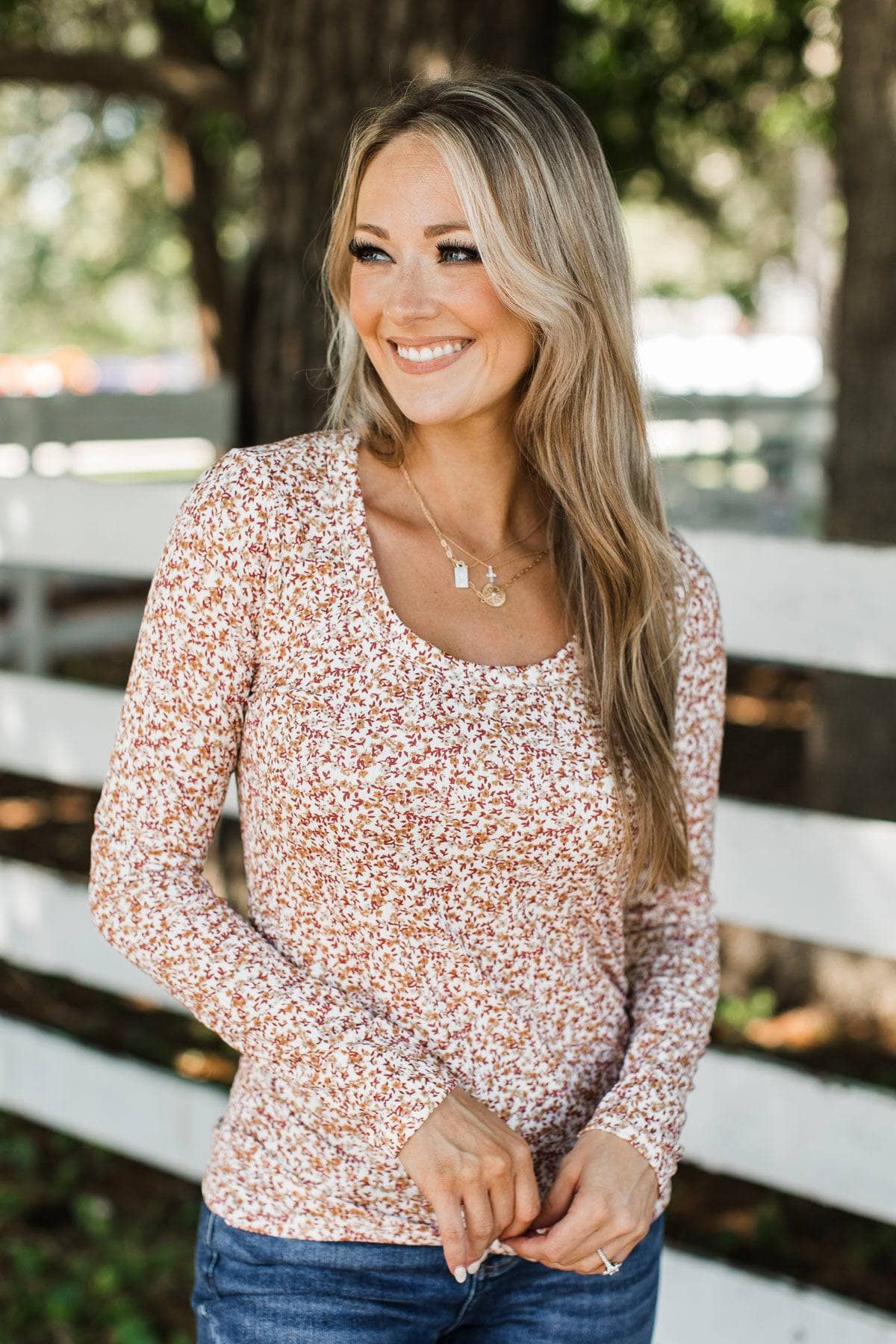Feeling Hopeful Long Sleeve Floral Top- Ivory & Rust - Image 2