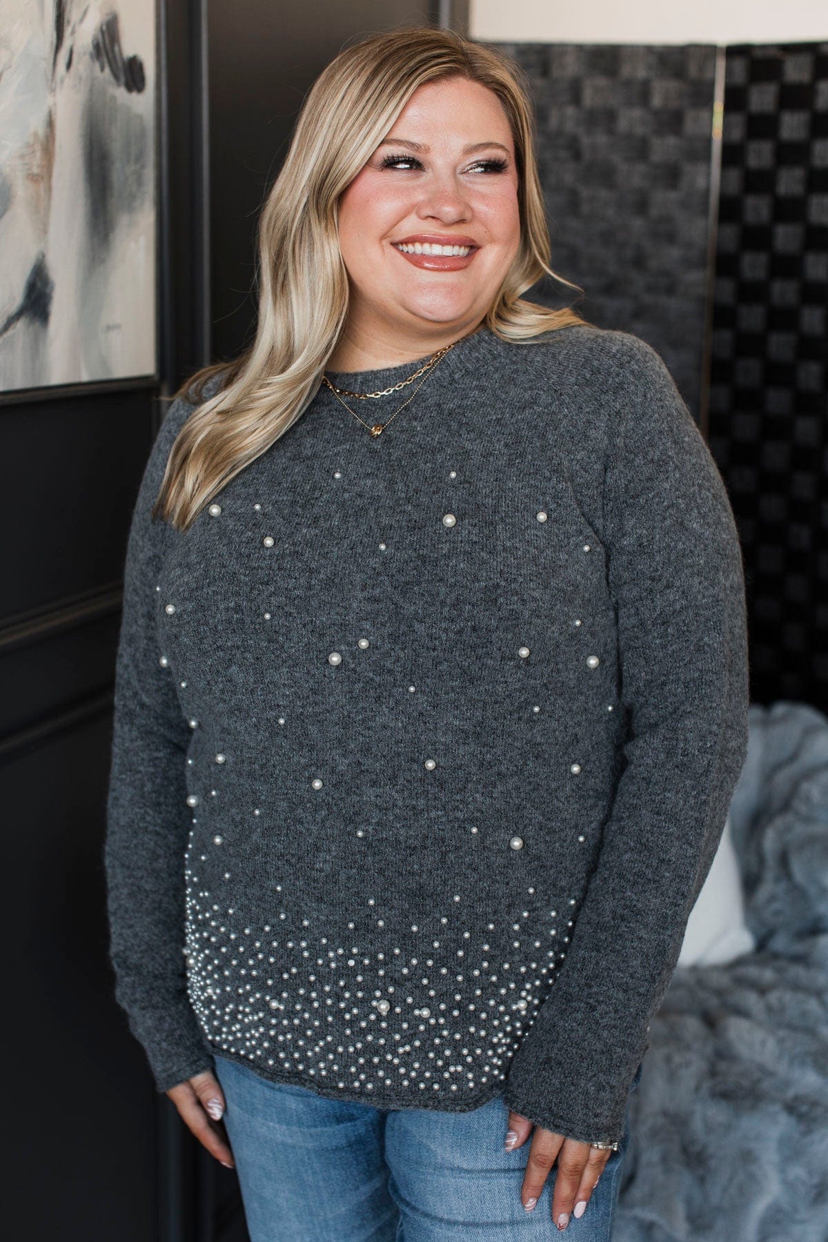 Feeling Inspired Pearl Knit Sweater- Charcoal - Image 5
