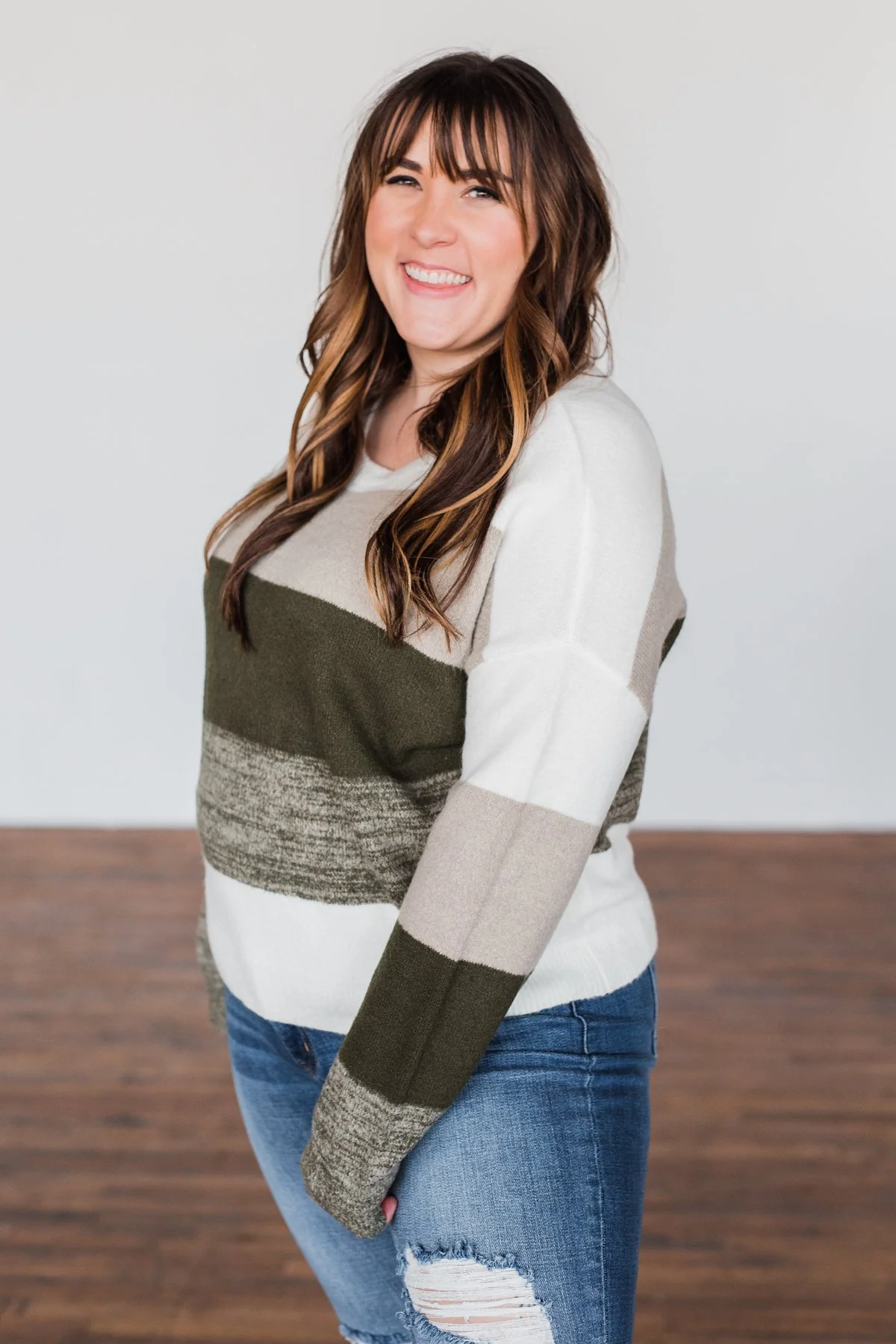 Feeling My Best Color Block Sweater- Olive, Taupe, & Ivory - Image 13