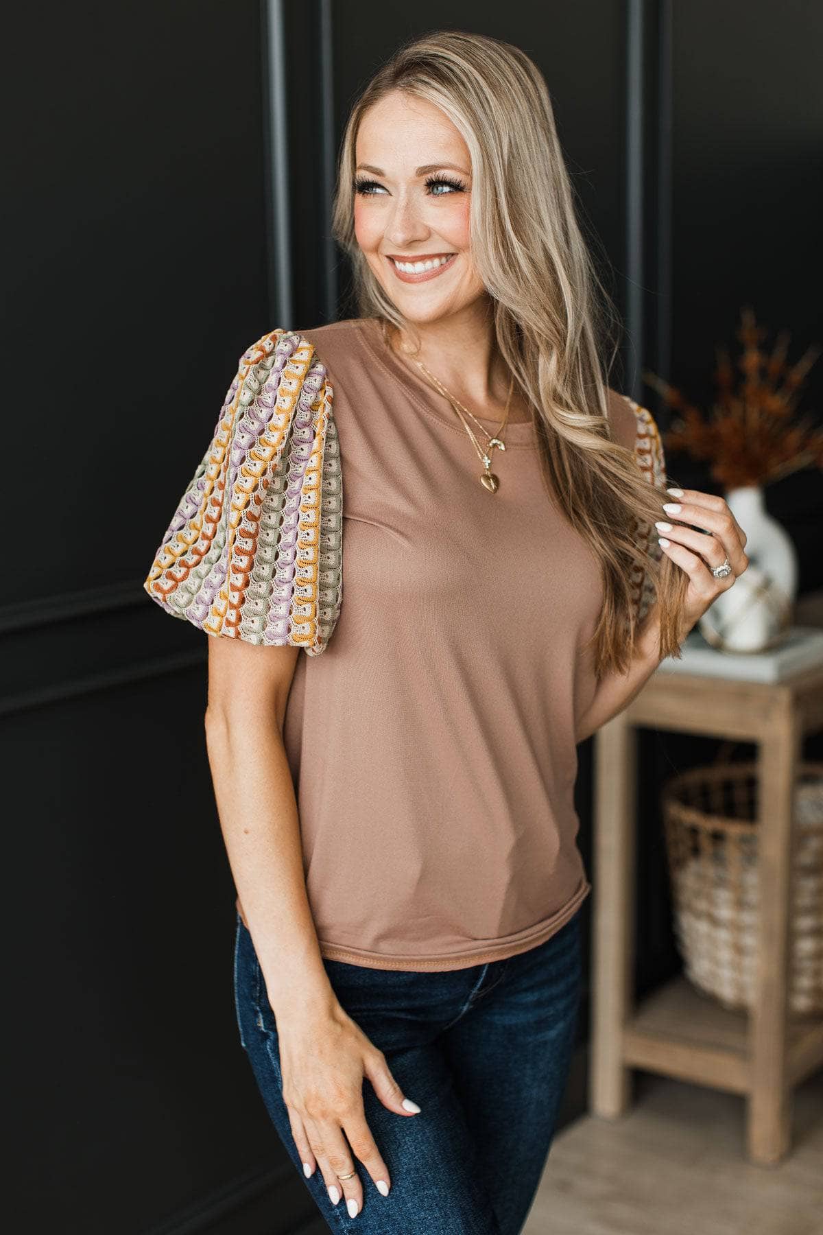 Feeling Peaceful Puff Sleeve Top- Dark Tan - Image 4