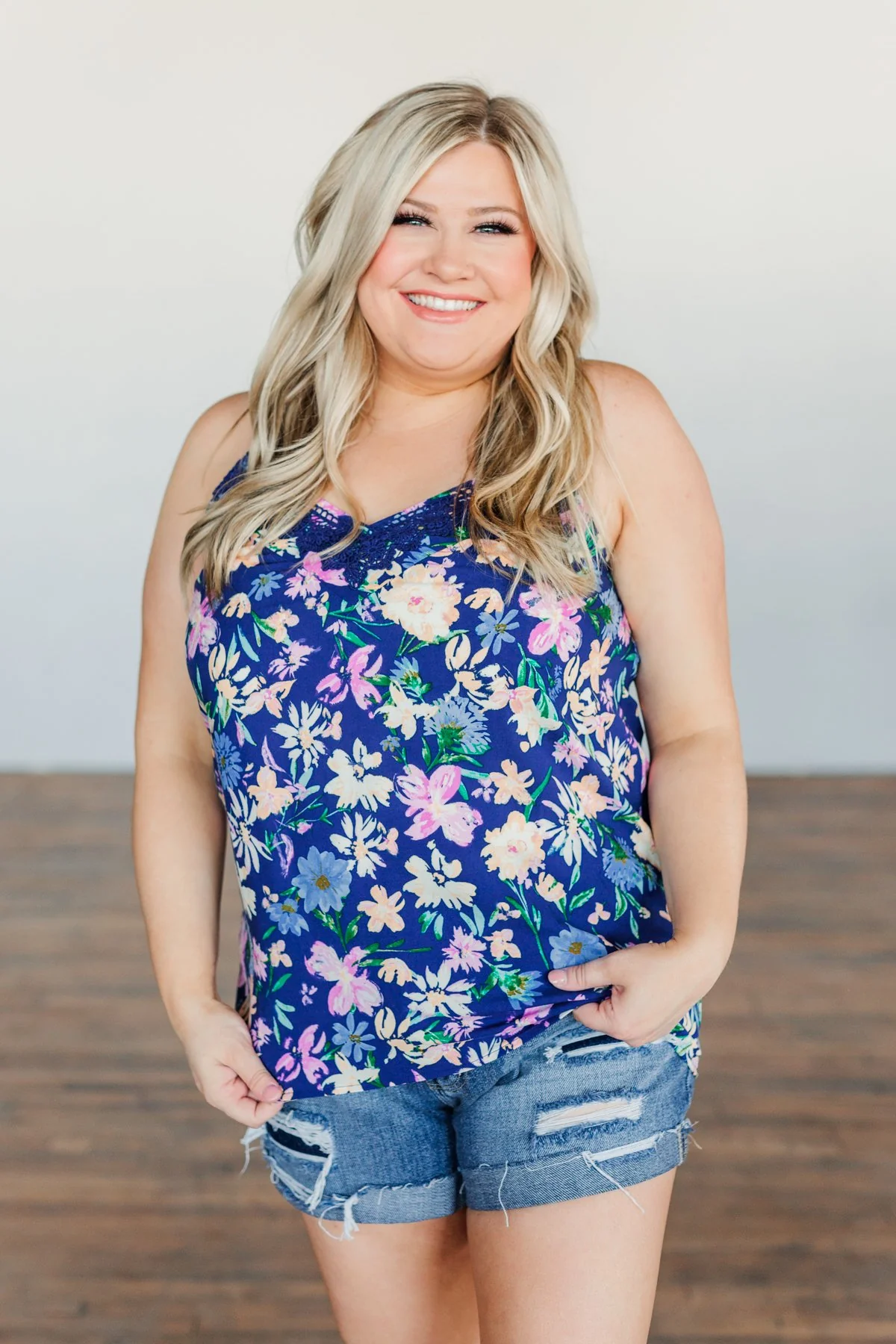 Feeling Positive Floral Lace Tank Top- Cobalt Blue - Image 3