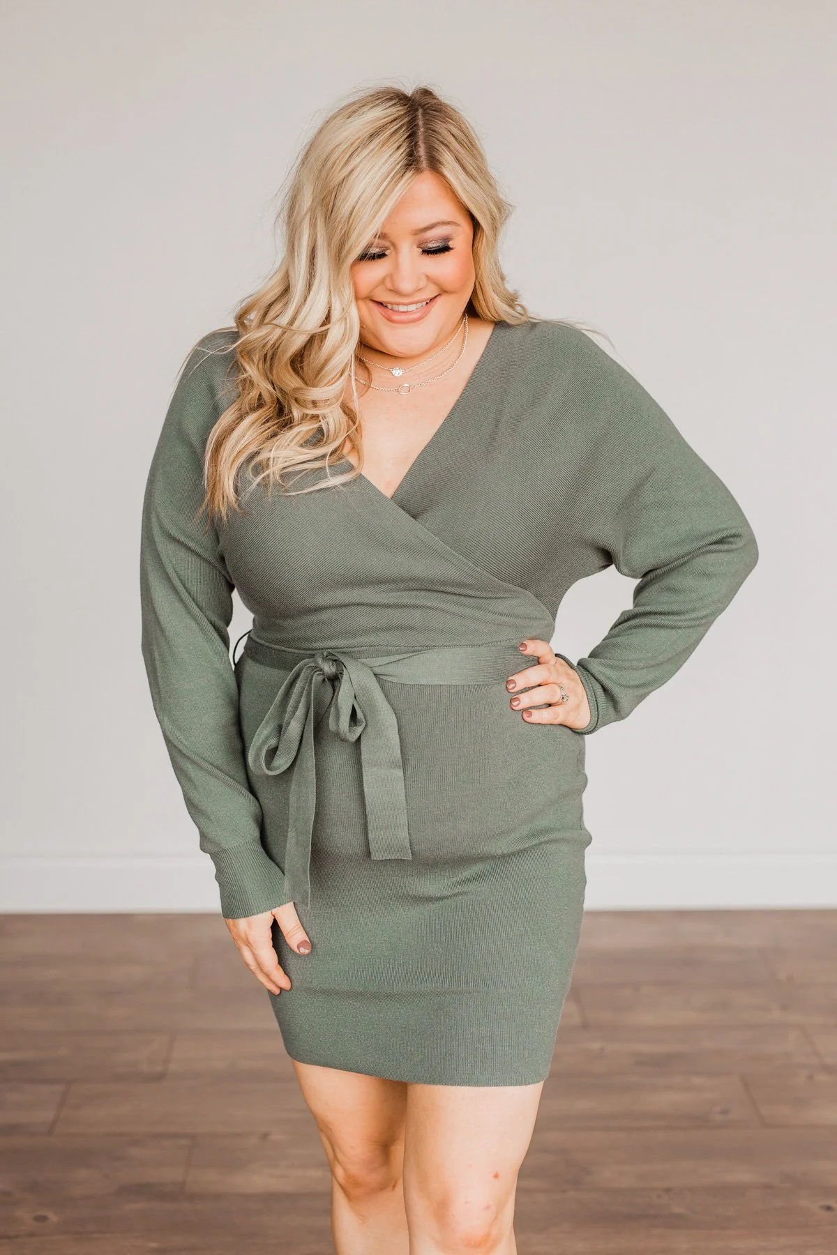 Feeling Smitten Long Sleeve Knit Dress- Olive - Image 3