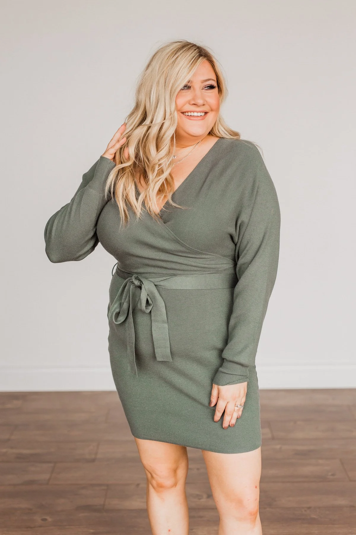 Feeling Smitten Long Sleeve Knit Dress- Olive - Image 6