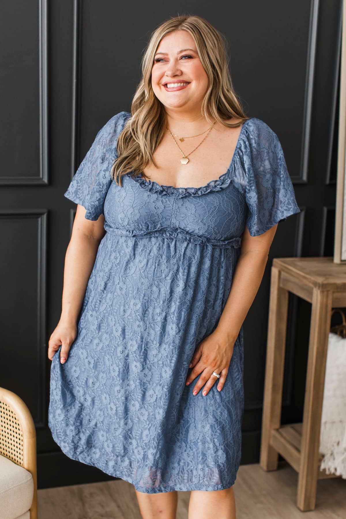 Feeling Special Floral Lace Dress- Dark Slate Blue - Image 2