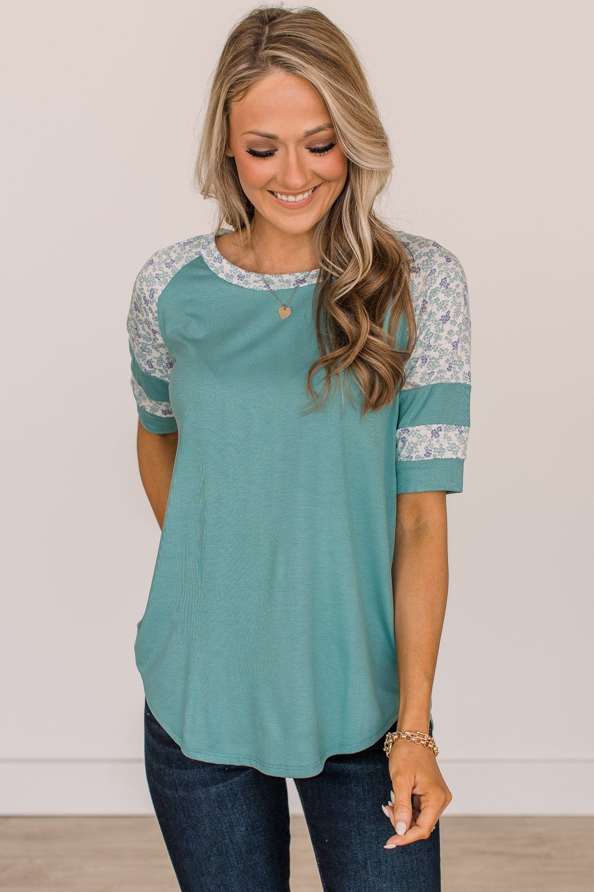 Feeling Spontaneous Floral Sleeve Top- Dark Mint - Image 2