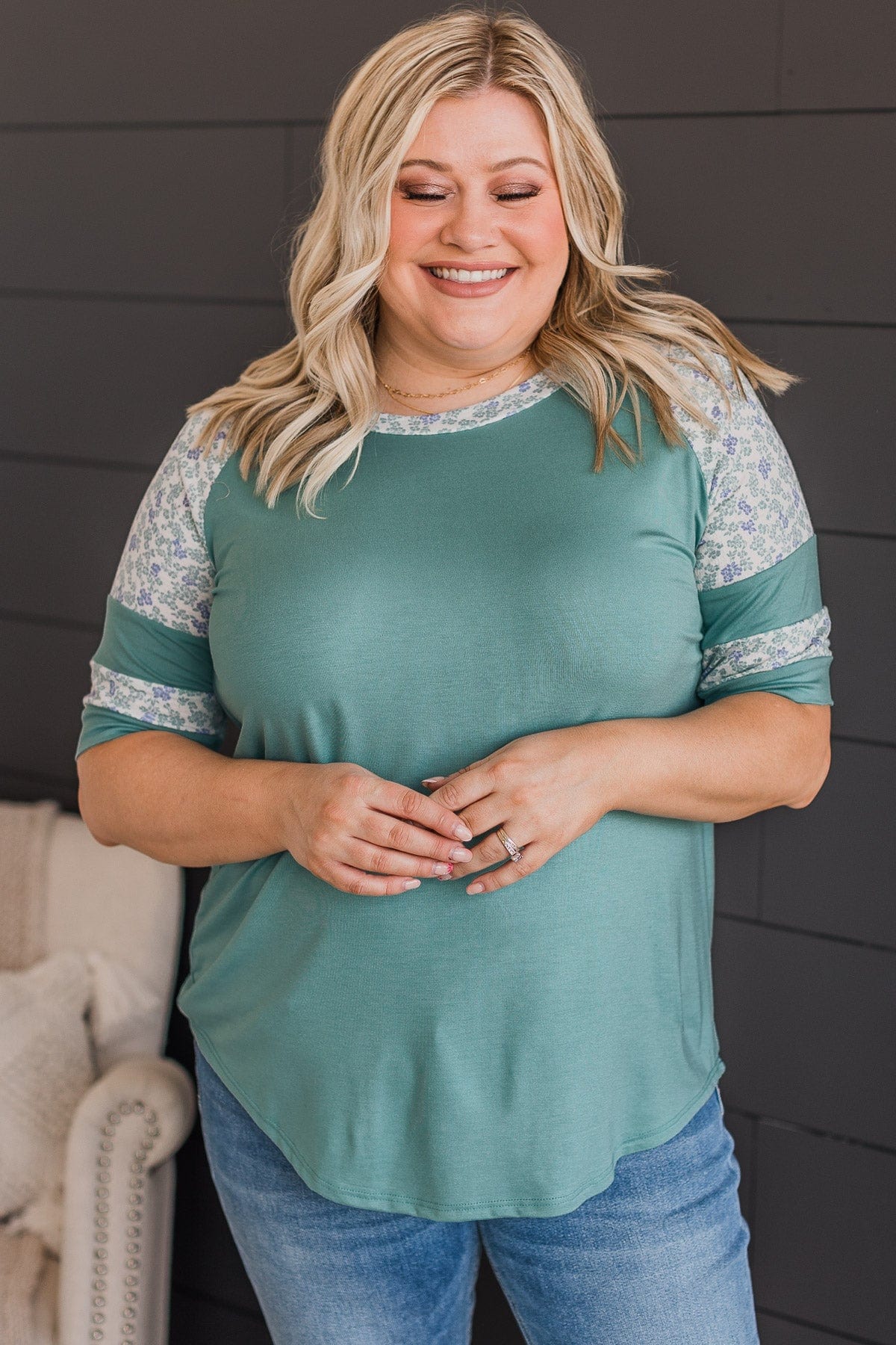Feeling Spontaneous Floral Sleeve Top- Dark Mint - Image 3