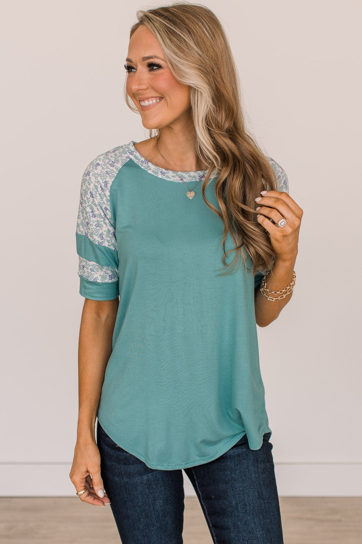 Feeling Spontaneous Floral Sleeve Top- Dark Mint - Image 4