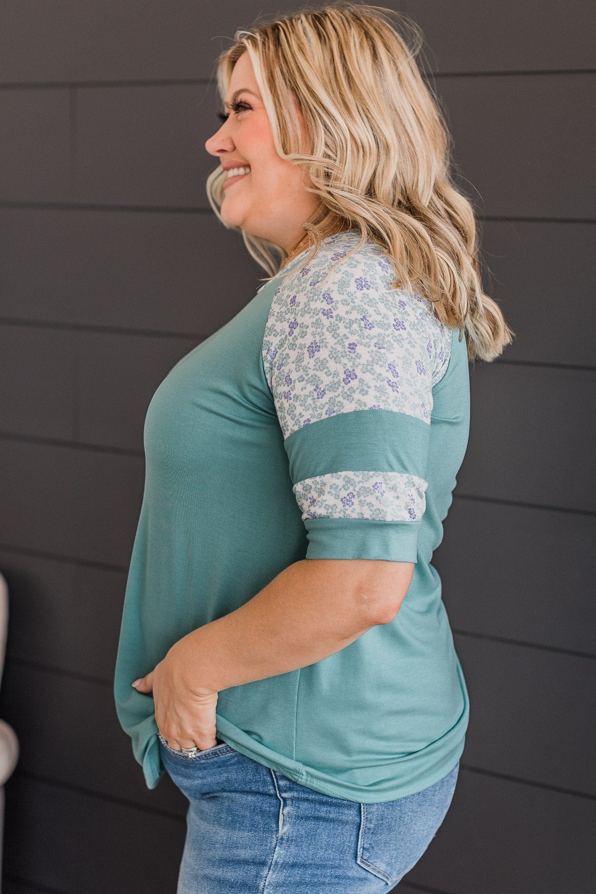 Feeling Spontaneous Floral Sleeve Top- Dark Mint - Image 5