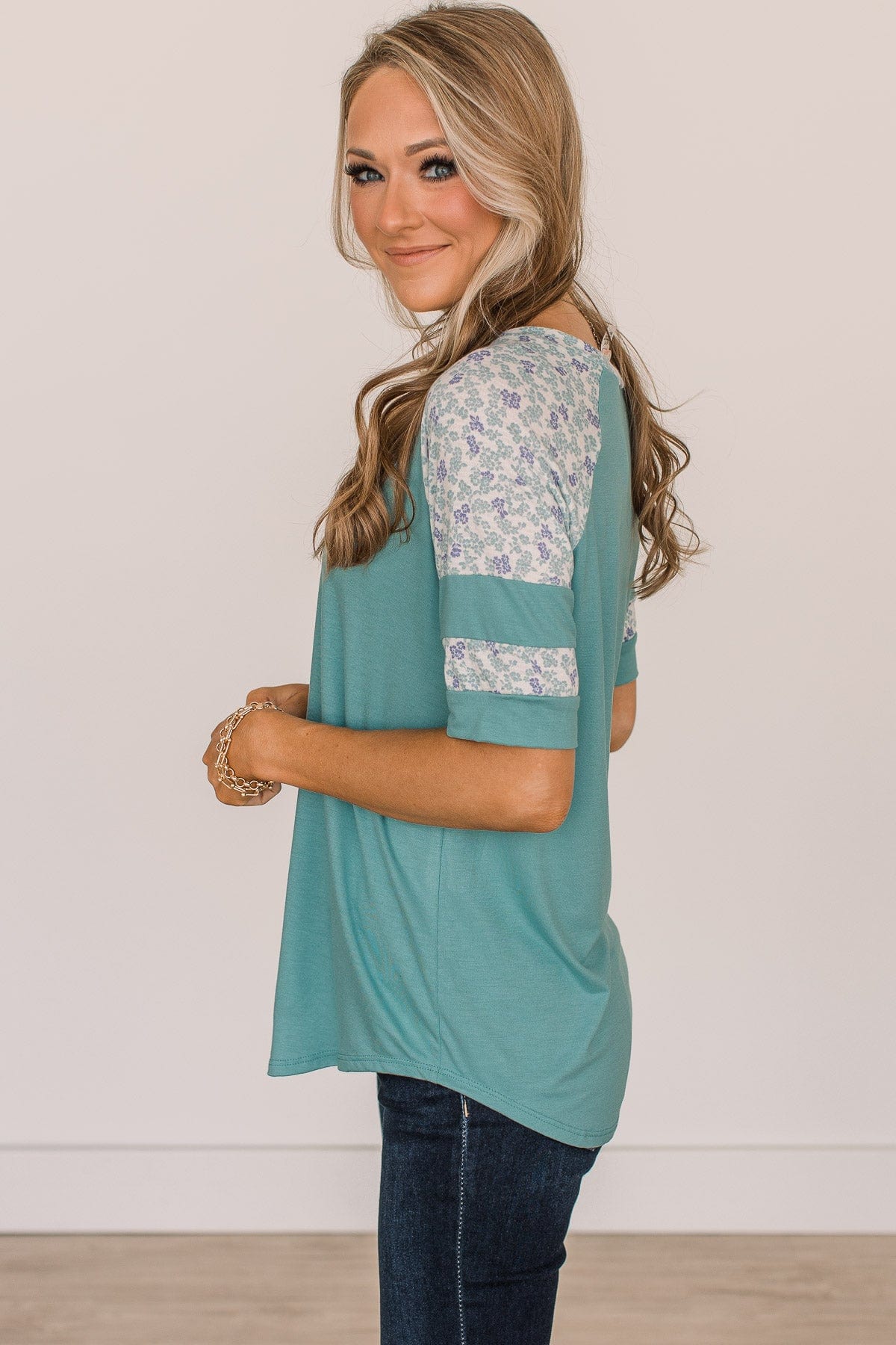 Feeling Spontaneous Floral Sleeve Top- Dark Mint - Image 6