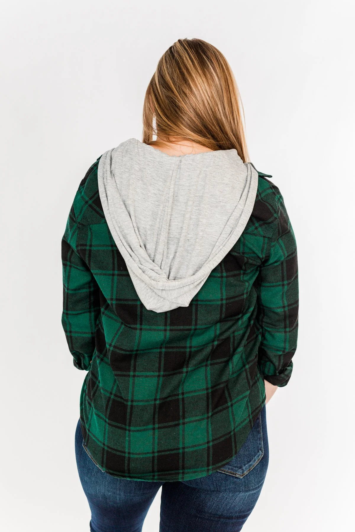 Feeling The Festivities Hooded Plaid Top- Emerald Green - Image 10