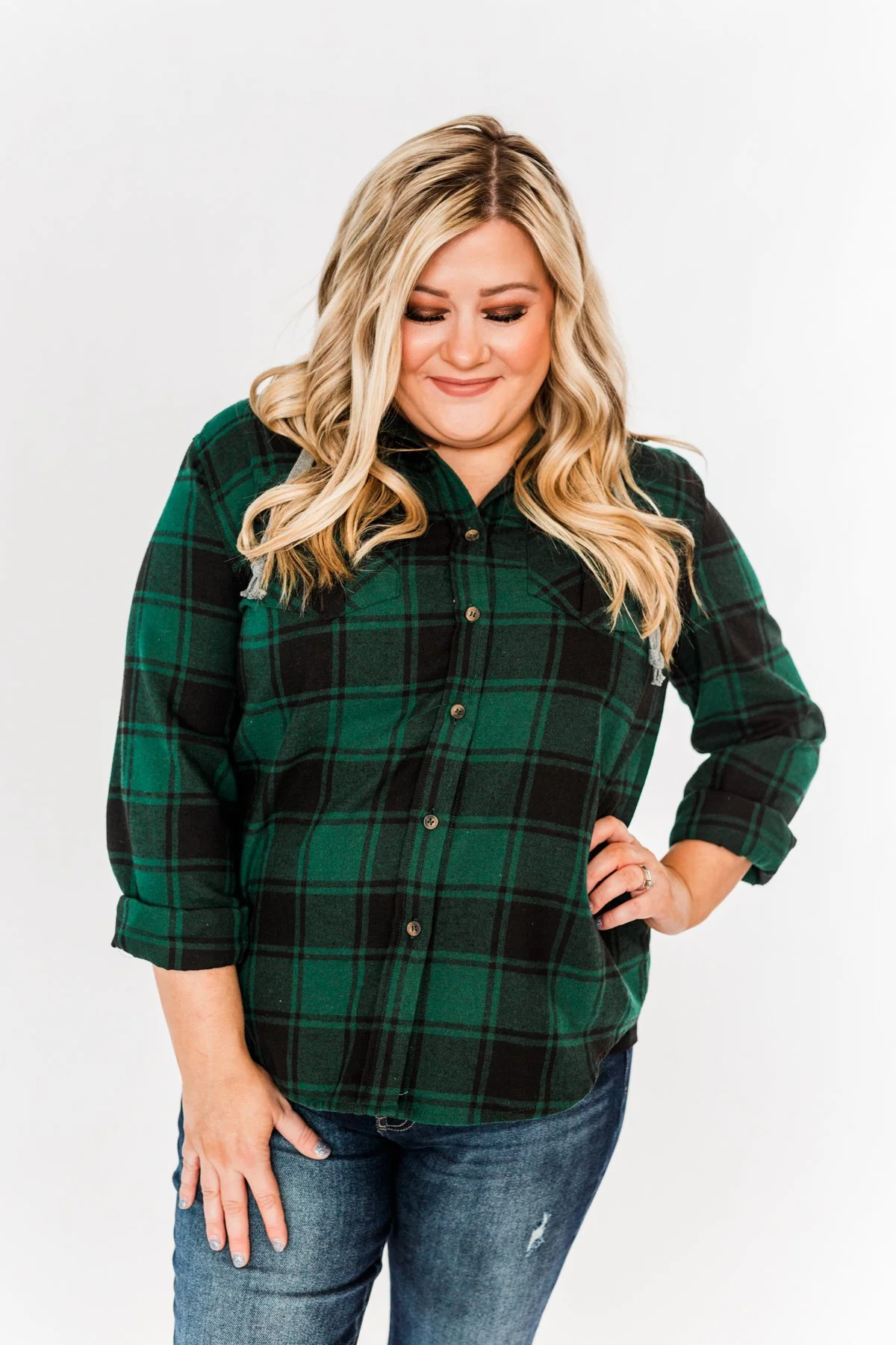 Feeling The Festivities Hooded Plaid Top- Emerald Green - Image 7