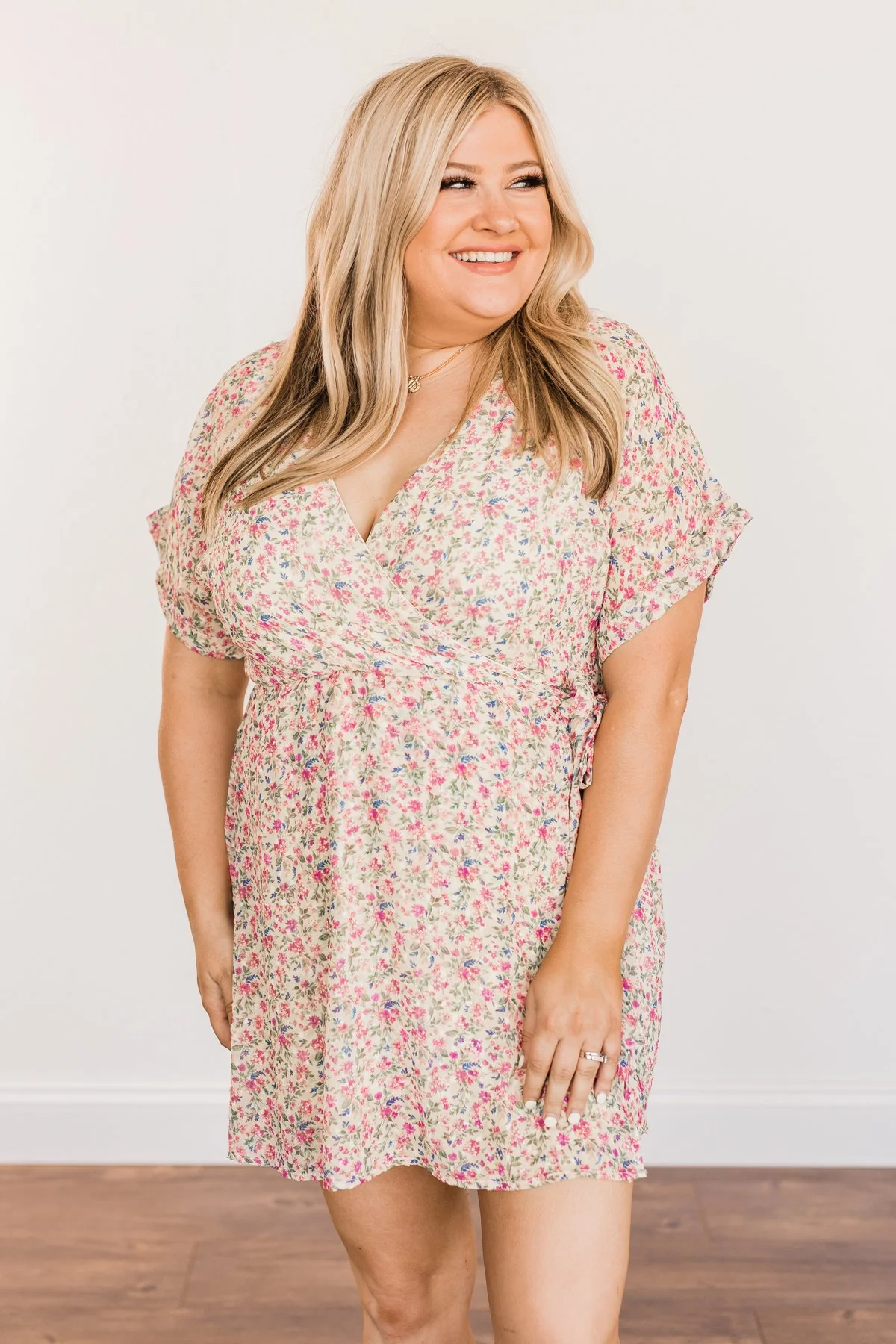 Feeling Unstoppable V-Neck Floral Dress- Cream & Pink - Image 2