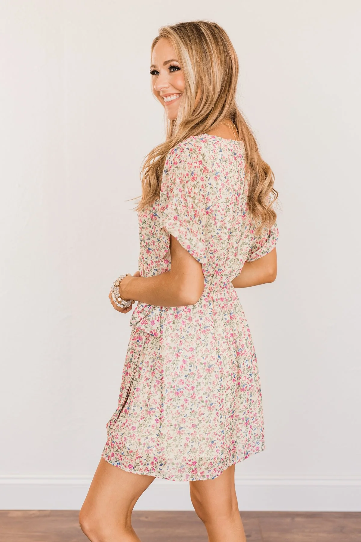 Feeling Unstoppable V-Neck Floral Dress- Cream & Pink - Image 9