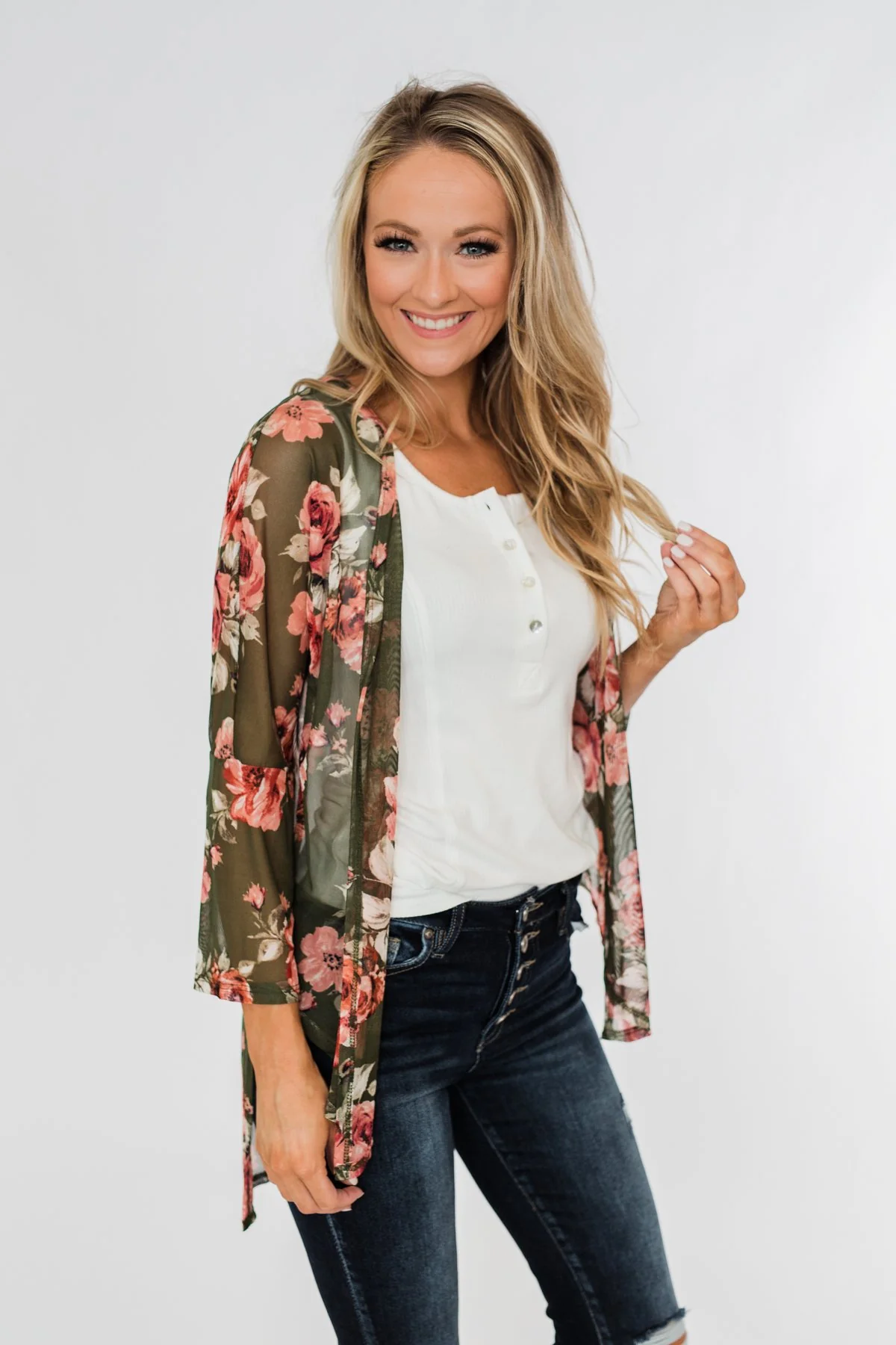 Feels Like Fall Lightweight Floral Kimono- Olive - Image 3