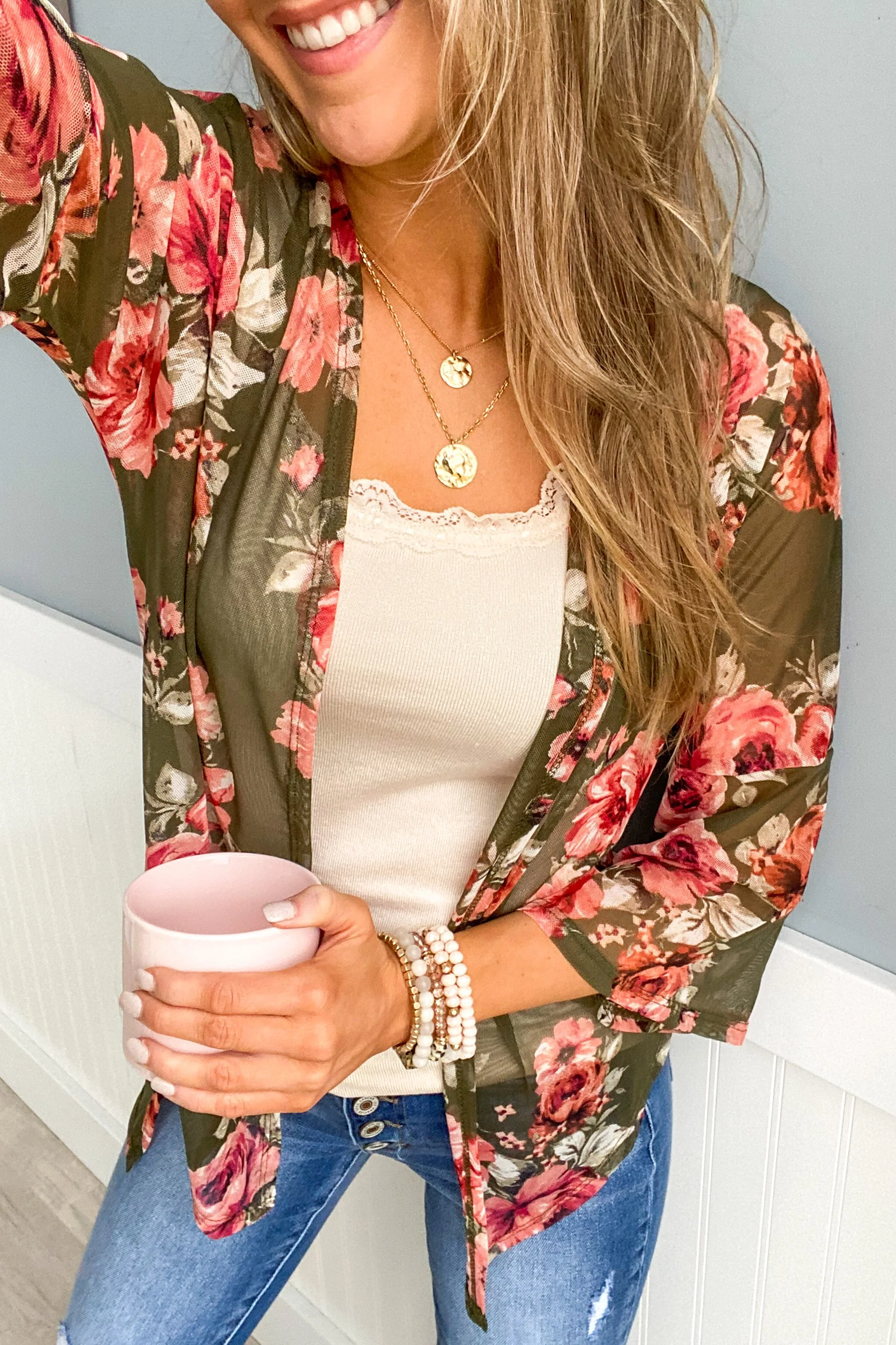 Feels Like Fall Lightweight Floral Kimono- Olive - Image 4