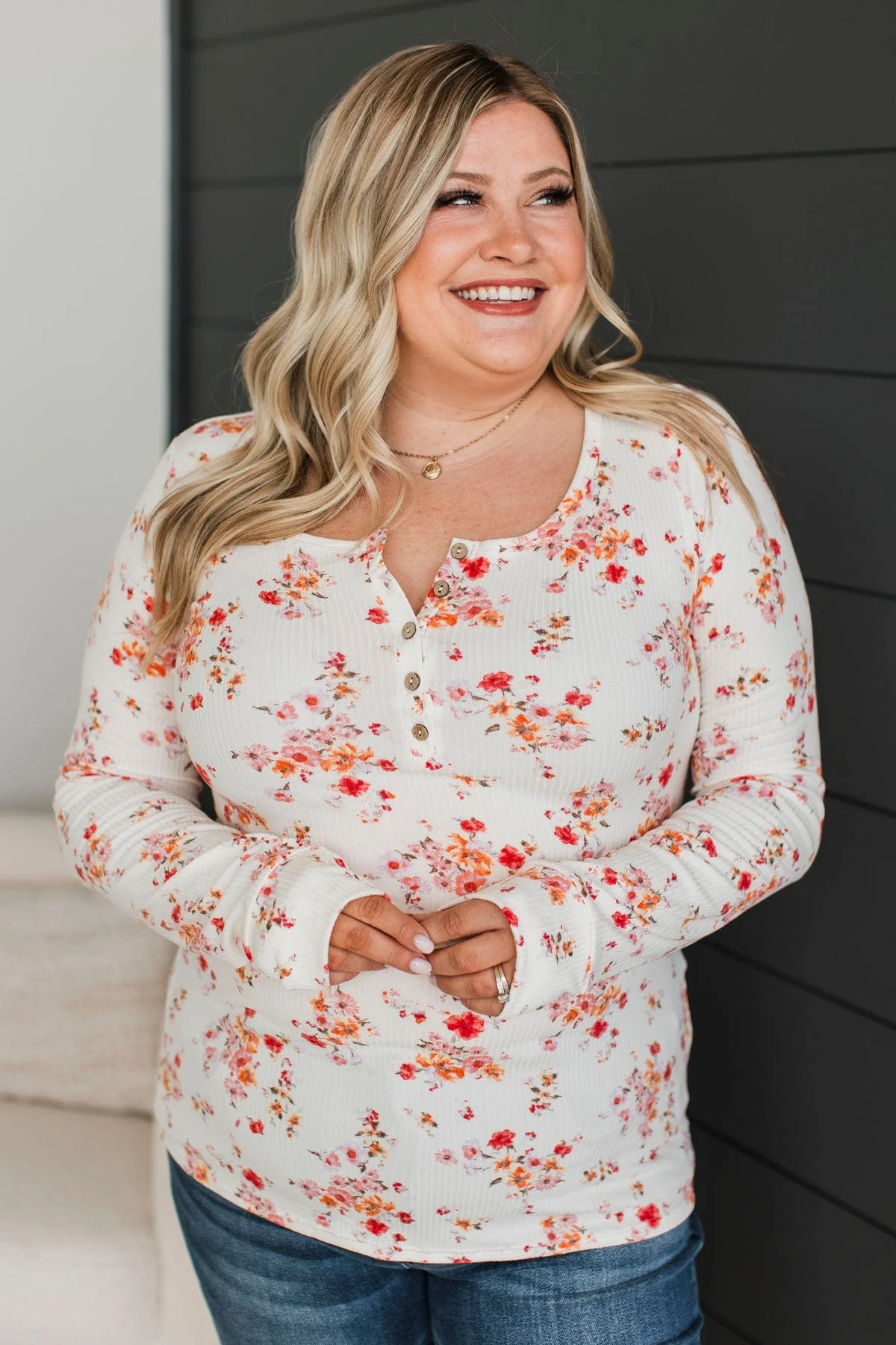 Feels Like Fate Floral Henley Top- Ivory & Coral - Image 2