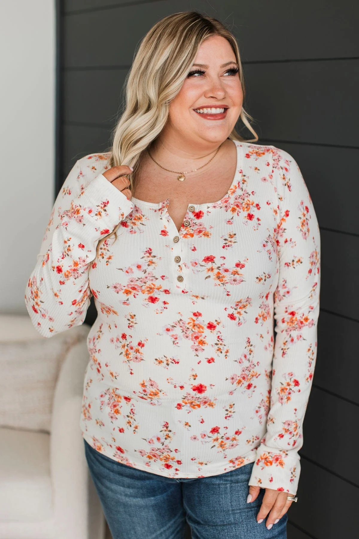 Feels Like Fate Floral Henley Top- Ivory & Coral - Image 4
