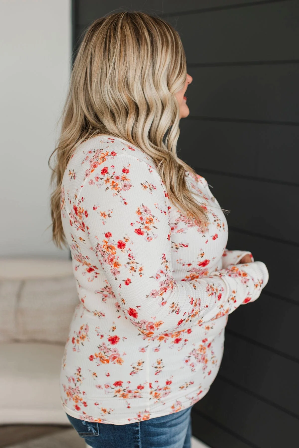 Feels Like Fate Floral Henley Top- Ivory & Coral - Image 6
