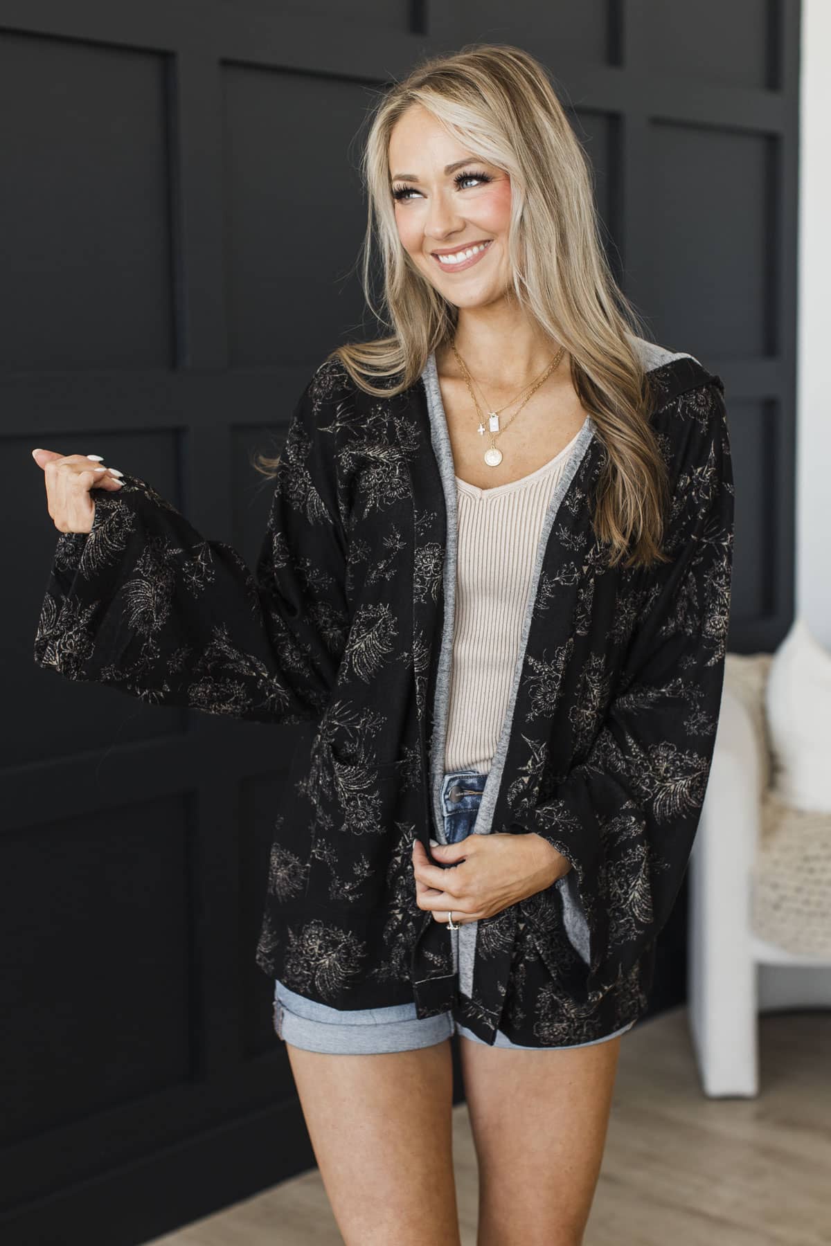 Fell In Love Hooded Open Front Floral Cardigan- Black