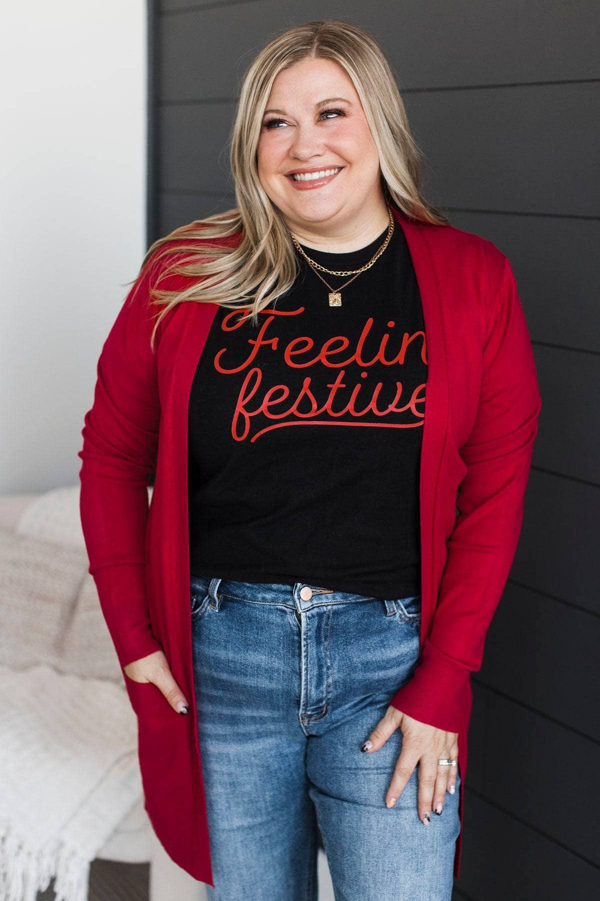 Felt Cute Open Front Knit Cardigan- Red