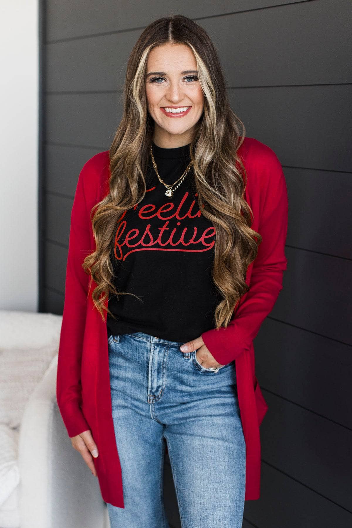 Felt Cute Open Front Knit Cardigan- Red - Image 2