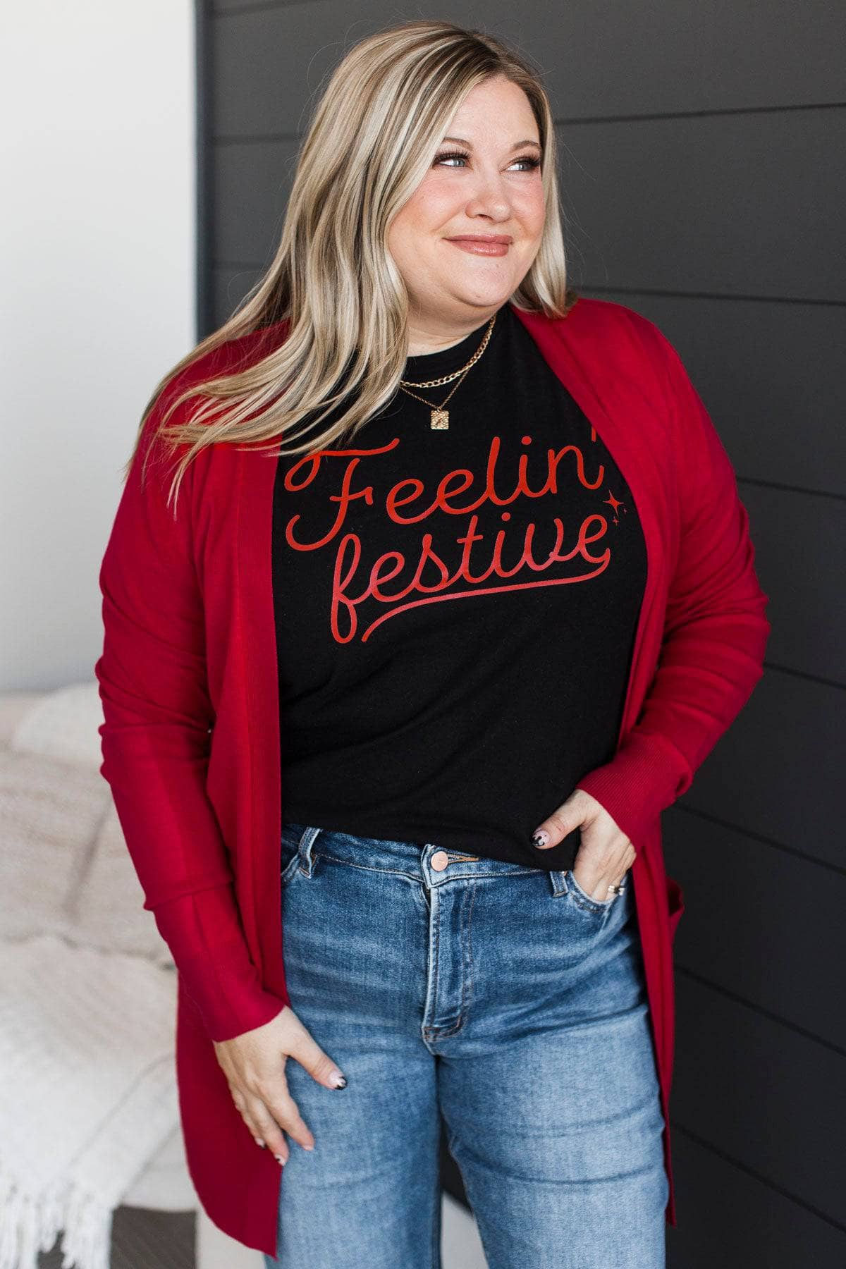 Felt Cute Open Front Knit Cardigan- Red - Image 3