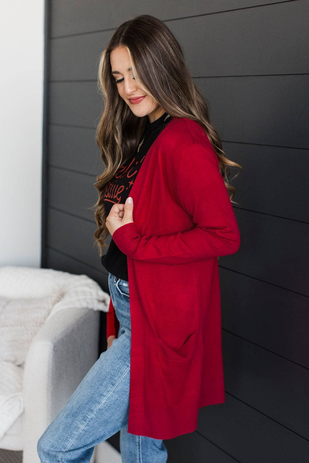 Felt Cute Open Front Knit Cardigan- Red - Image 4