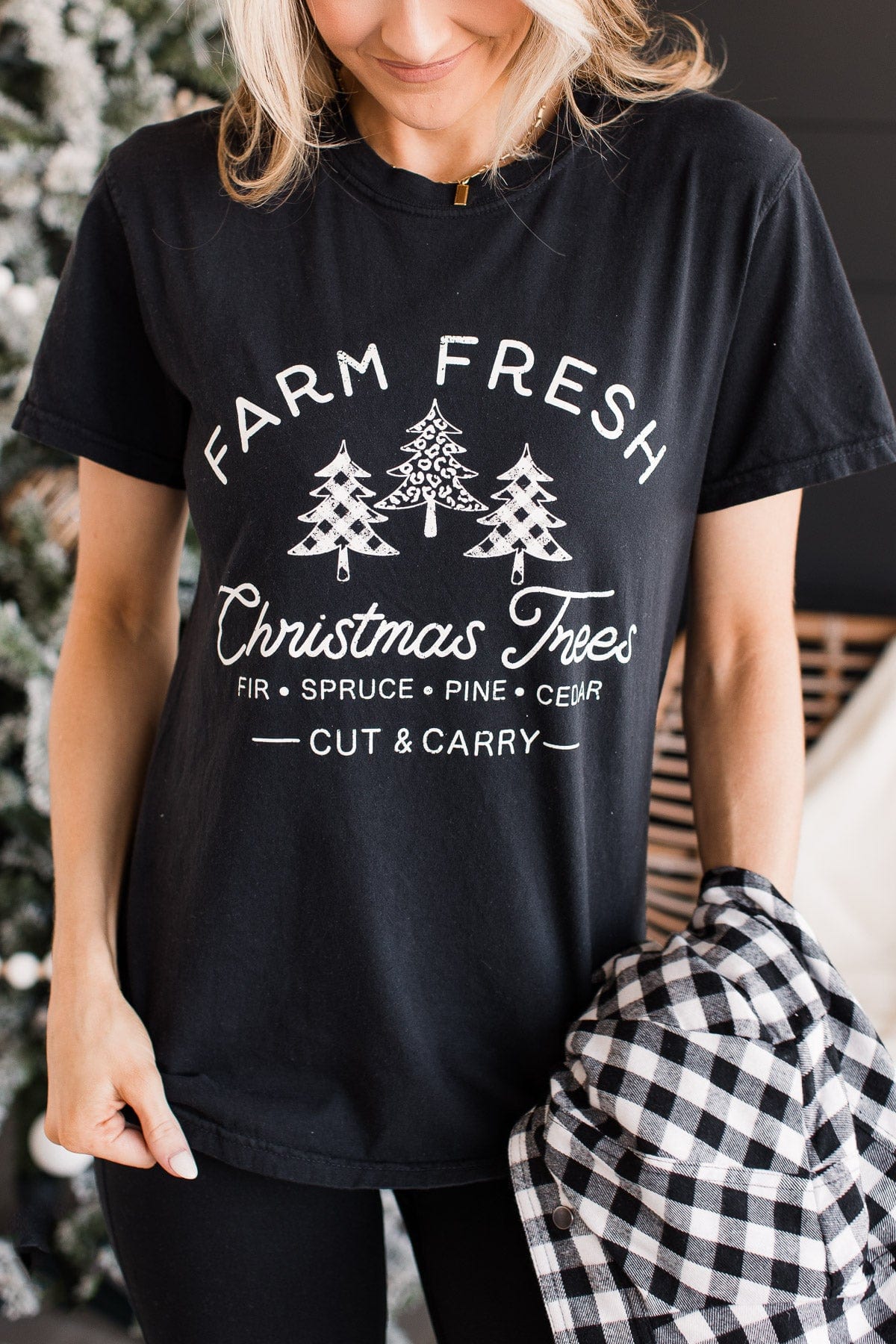 Festive "Farm Fresh Christmas Tree" Graphic Tee- Black