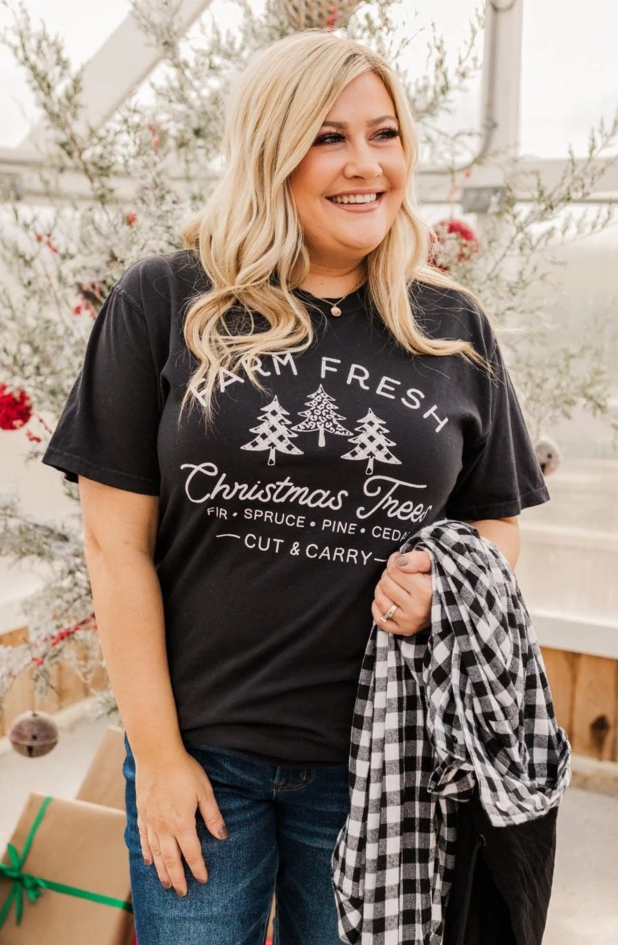 Festive "Farm Fresh Christmas Tree" Graphic Tee- Black - Image 3