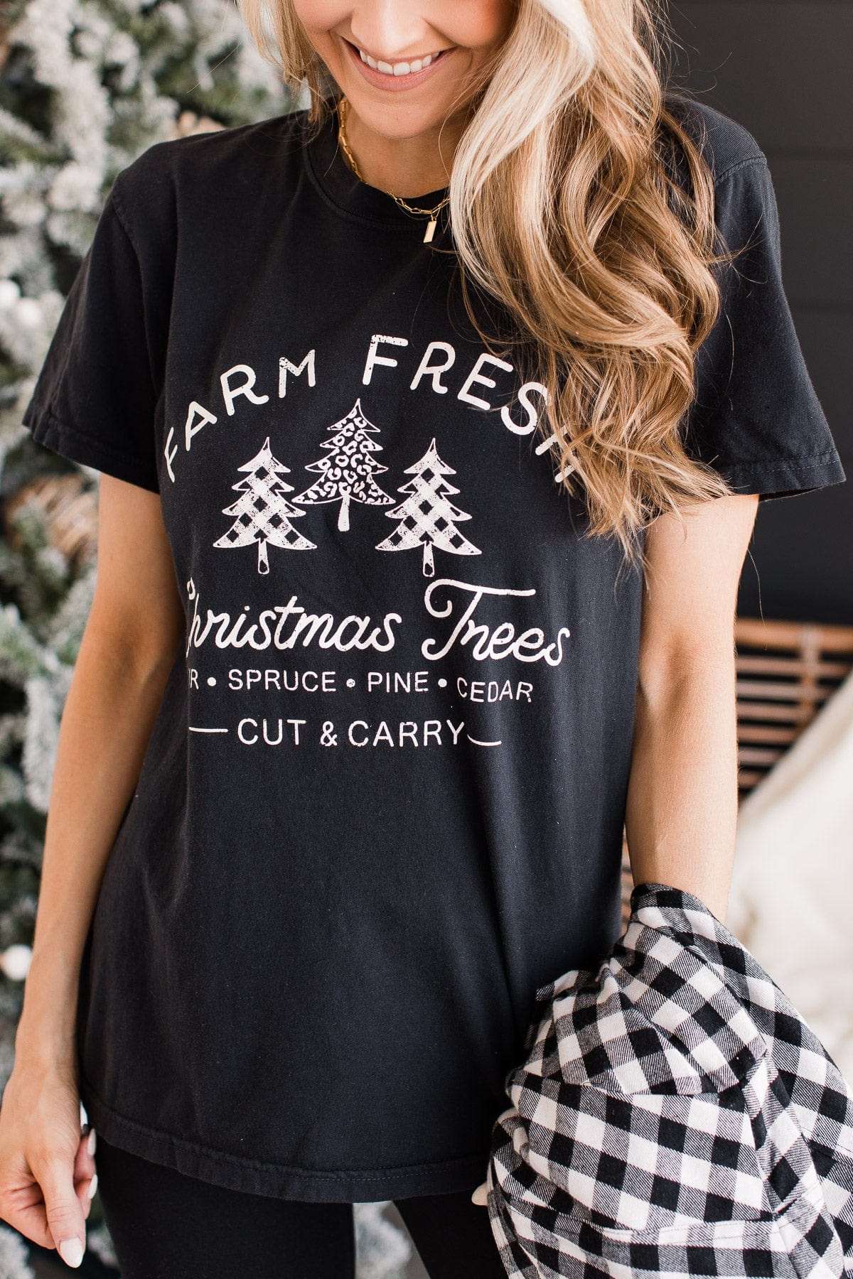 Festive "Farm Fresh Christmas Tree" Graphic Tee- Black - Image 5