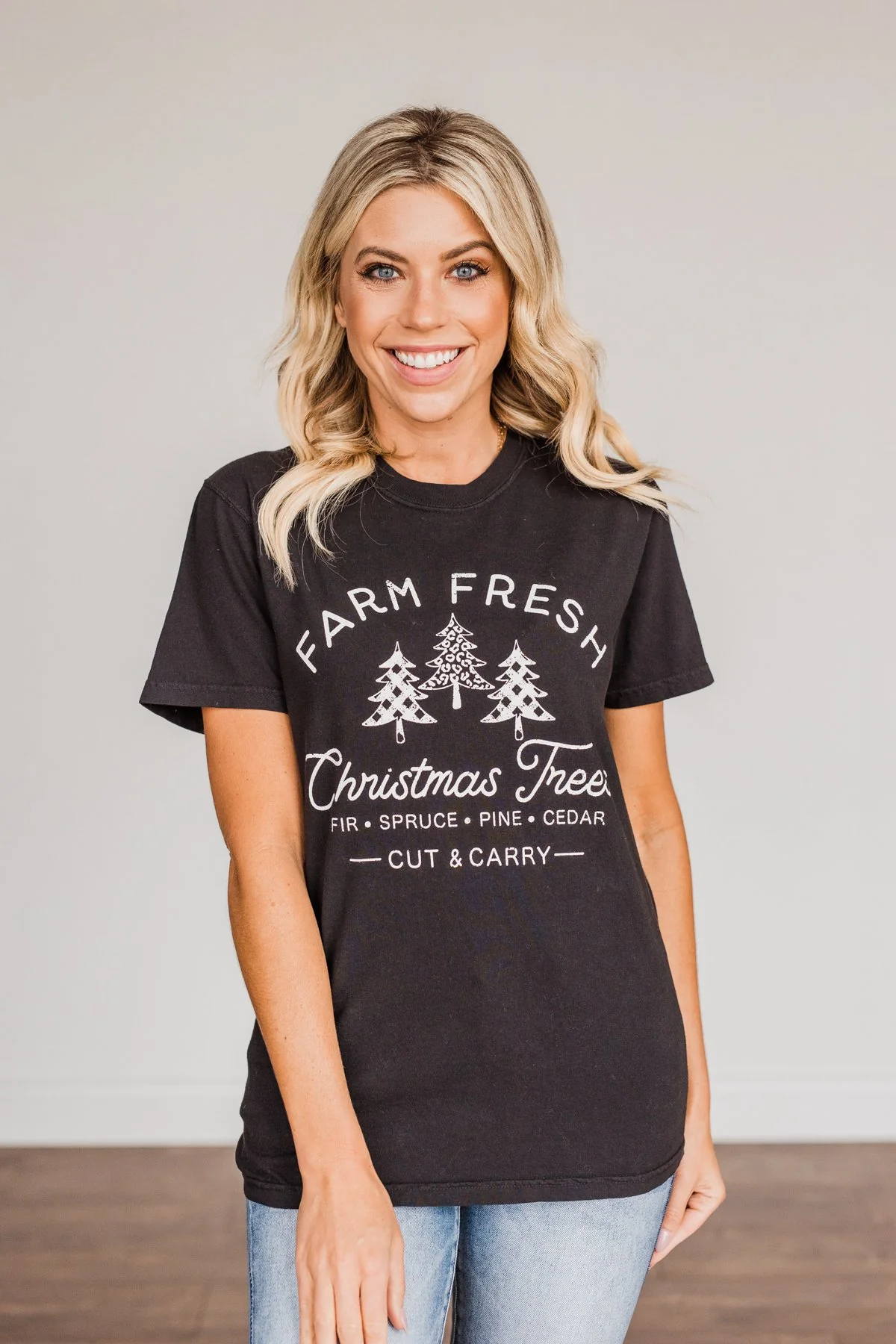 Festive "Farm Fresh Christmas Tree" Graphic Tee- Black - Image 7