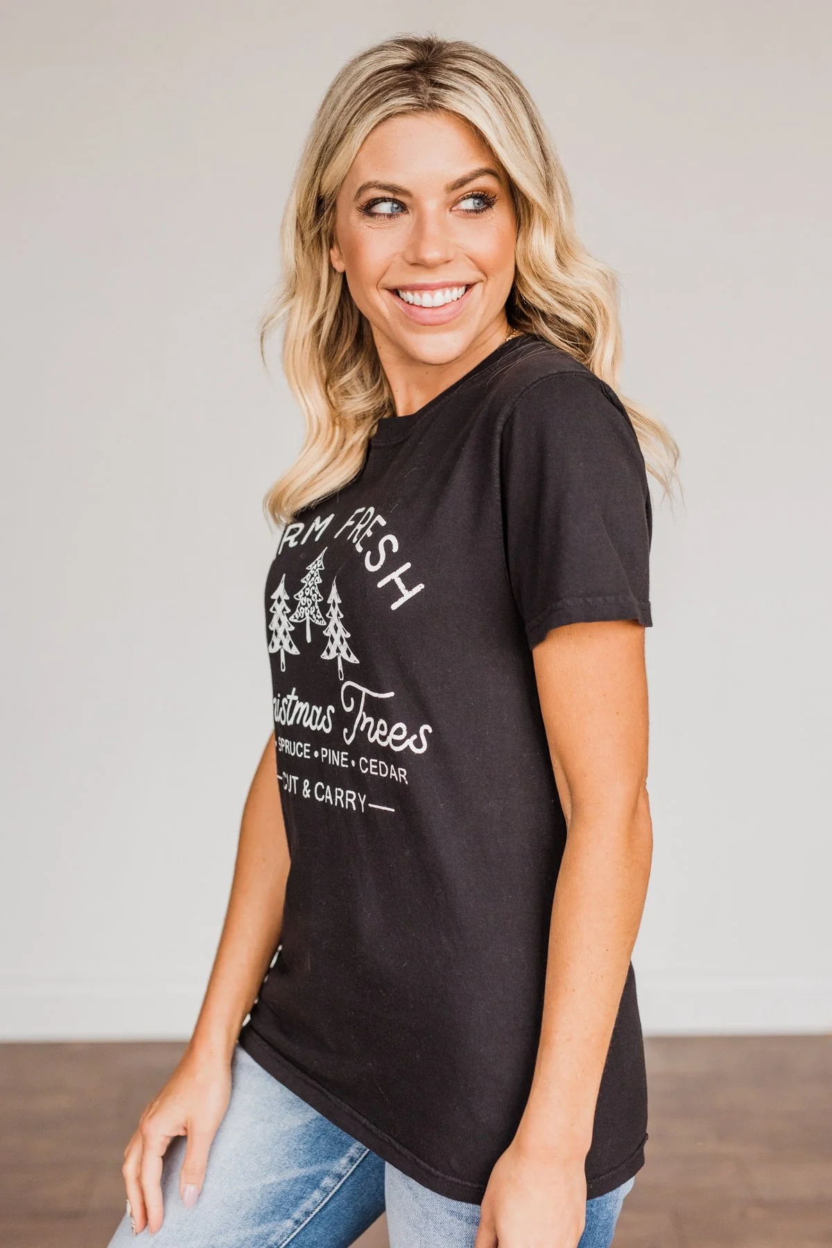 Festive "Farm Fresh Christmas Tree" Graphic Tee- Black - Image 8